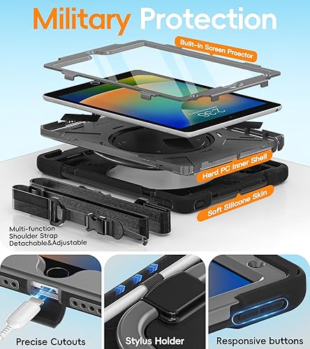 Miniatura 10 de BATYUE Funda infantil para iPad de 9, 8, 7 generación de 10.2 pulgadas 2021 2020 2019, con soporte giratorio, soporte para lápices, correa de