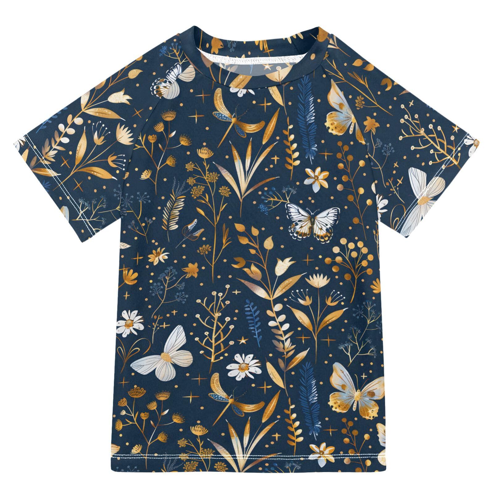 ALAZA Kids Rash Guard Toddler Swim Shirt Boy Girls Wildflowers Butterfly UPF 50+ Short Sleeve 4T