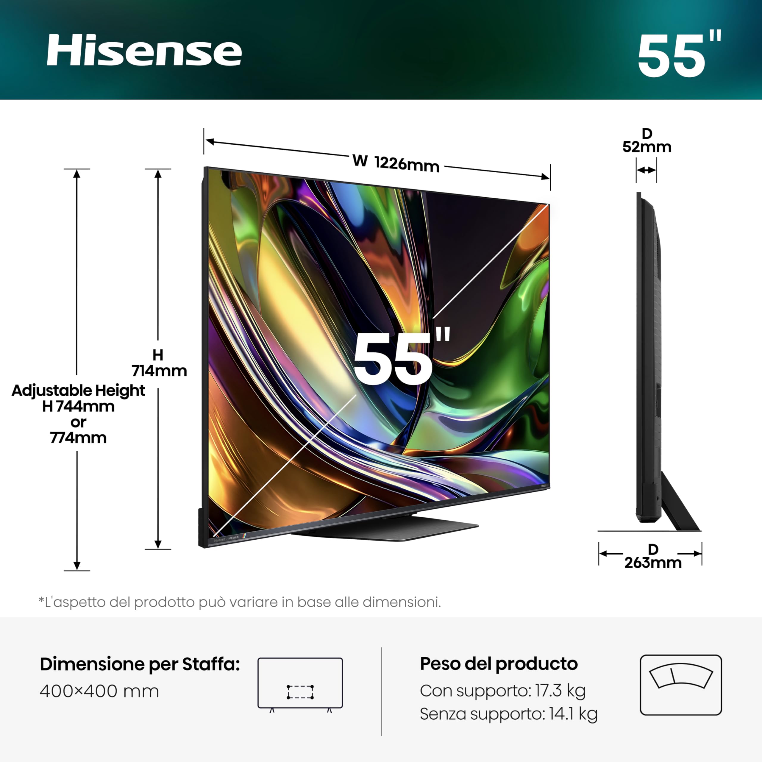 Hisense Smart TV RGB MiniLED 180Hz 55" 4K 55UR8S | Schermo Anti-Riflesso, Dolby Atmos 2.1.2 By Devialet, Dolby Vision IQ, IMAX, VIDAA OS, Wifi 6E, BT, Airplay2, 2026 Model