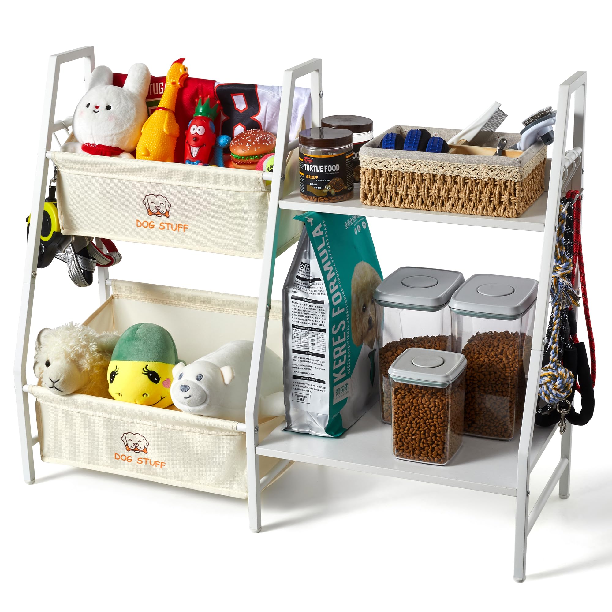 Dog Toy Basket with Storage Shelf & Hooks, Durable Dog Storage Organizer for Living Room, Dog Organization and Storage, Perfect Dog Gift for Home Decor