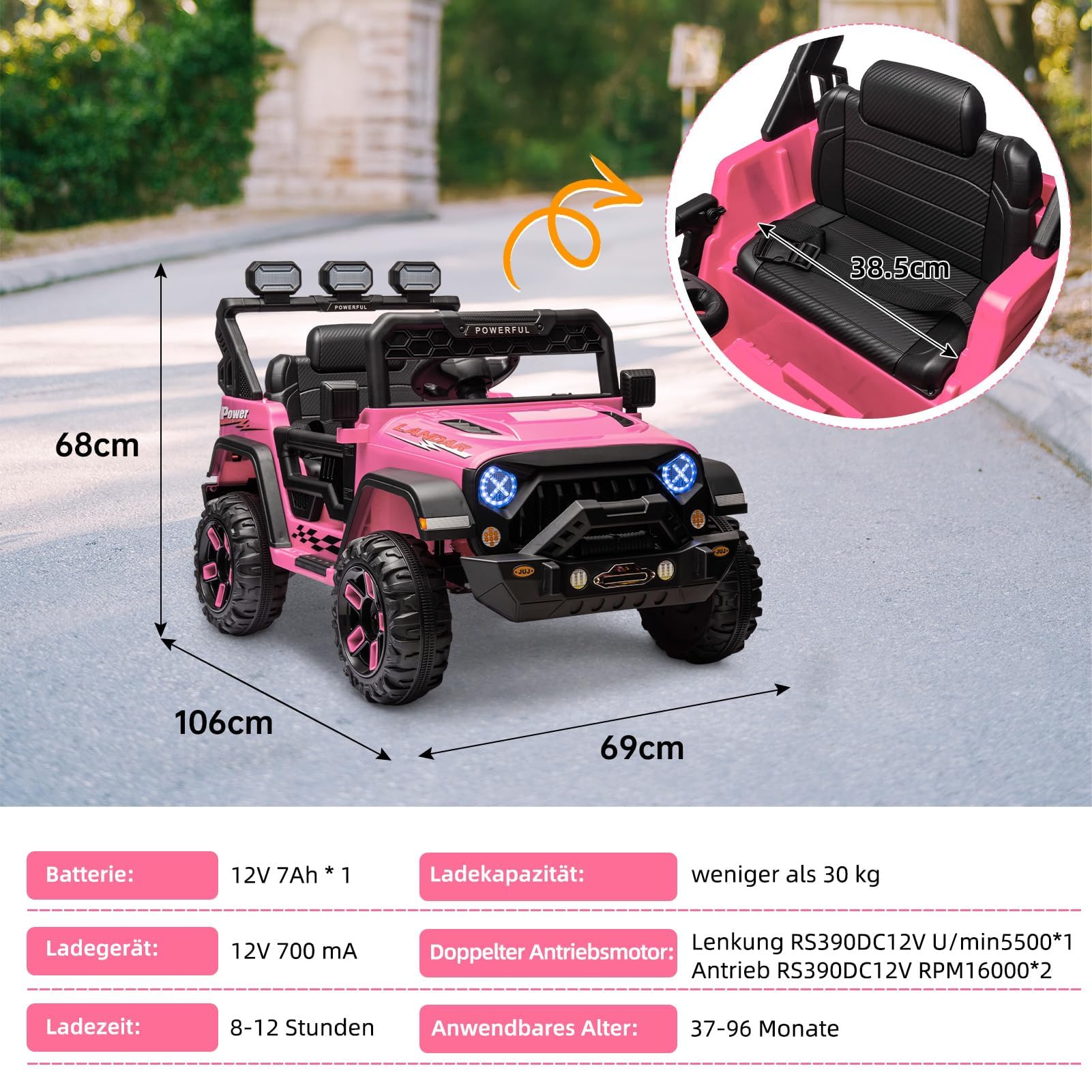 Auto elettrica Bambino 12V con Telecomando,2 Motore,per 3-8 anni,Rosa