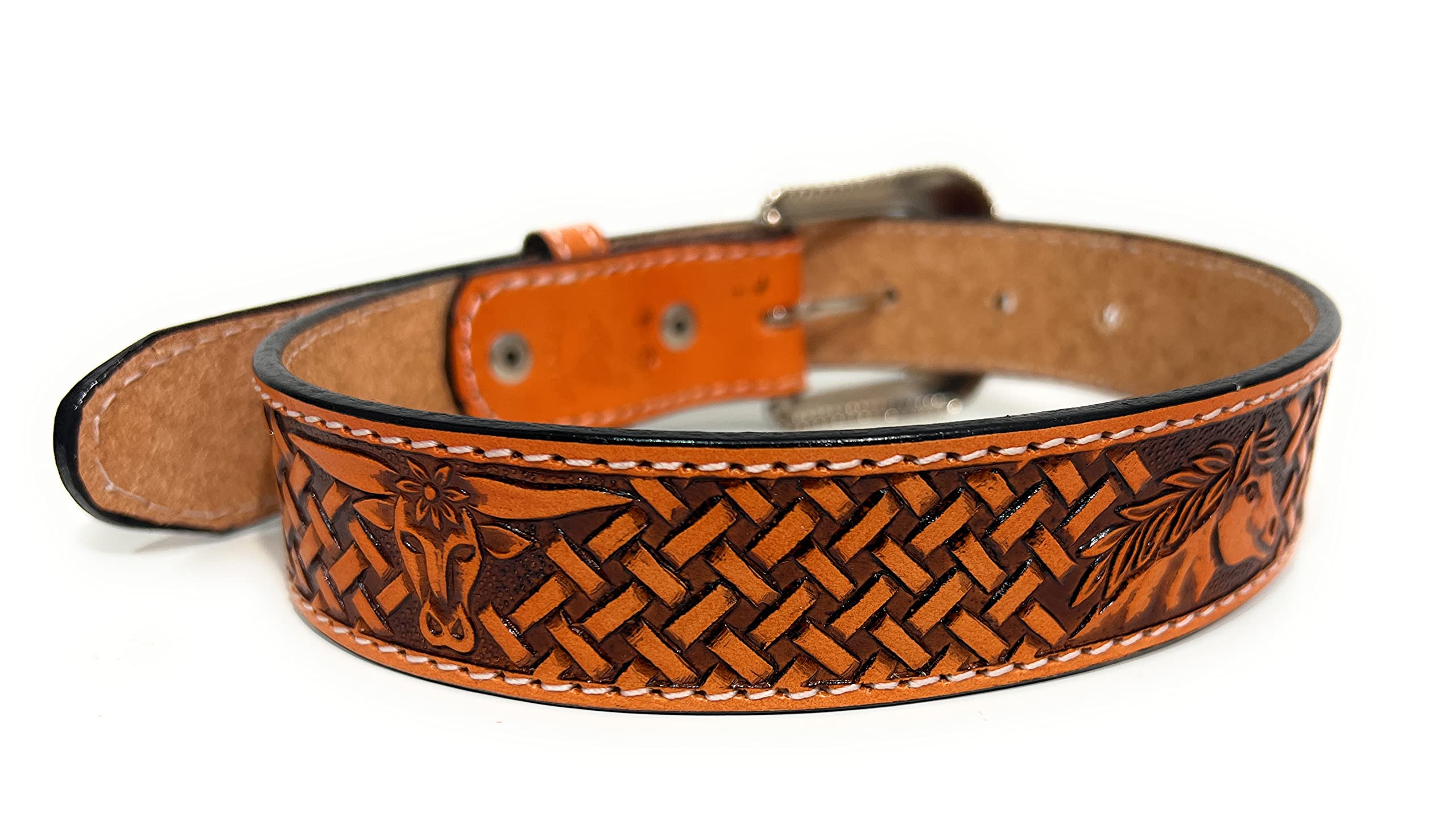 Kids Western Genuine Leather Cowboy Rodeo Belt - Horse and Bull Decorated for Boys and Girls (20, Honey)