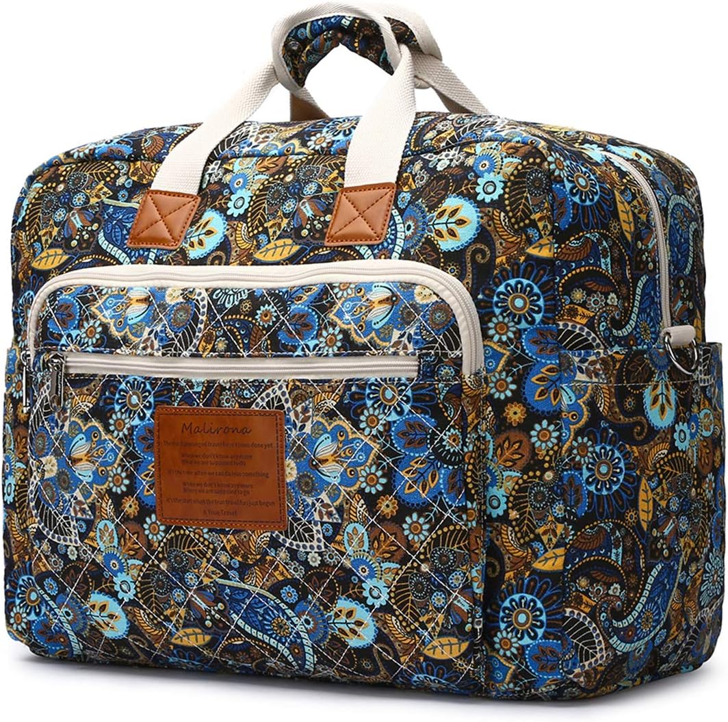 Malirona Women‘s Canvas Overnight Weekender Bag Carry On Travel Duffel Tote Bag Bohemian Flower (Black Flower)