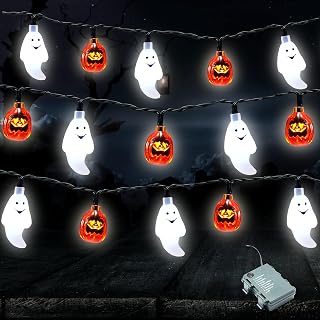 JOYIN Halloween String Lights Decorations, 19.7FT 30 LED Battery Operated Ghost Pumpkin 3D String Light with 8 Lighting Modes for Home Indoor Outdoor Halloween Party Decor(Orange/White Color)