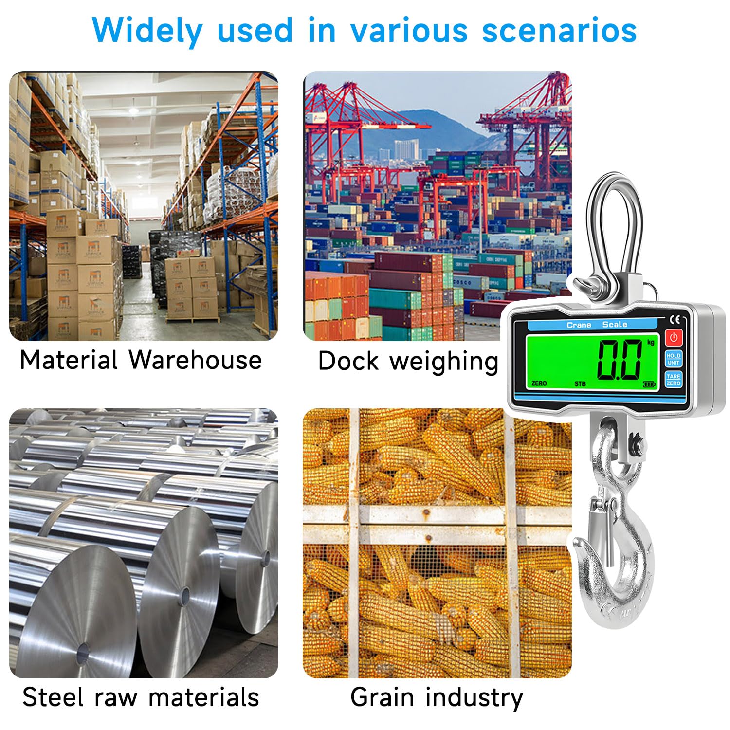 QUMOX Digitale Industriewaage für Kran, 2000 kg, mit Fernbedienung, robuste Hängewaage mit LED-Anzeige, Gehäuse aus Aluminiumlegierung, Haken und Bügel aus Stahl, Genauigkeit 0,5 kg, Silber