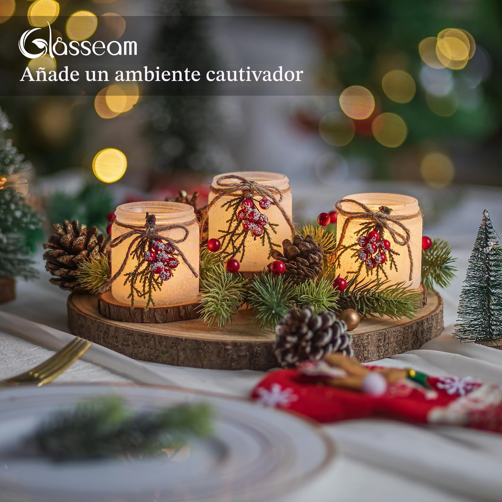 Glasseam Candelabros NavideñOs Decorativos: Juego De 6 Candelabros De Vidrio con Forma De Bayas Rojas Y Agujas De Pino para Centros De Mesa.