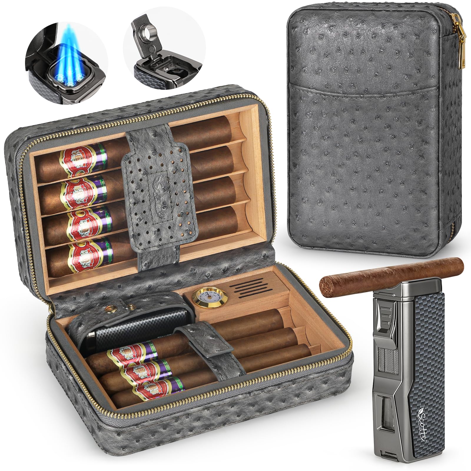 Scotte Cigar Humidor Box, Cigar Lighter Cedar Wood Lined Leather Cigar Case Built in Hygrometer & Humidifier, Torch Lighter with Cigar Holder Cigar Punch Portable Travel Cigar Humidor Kit (Grey)