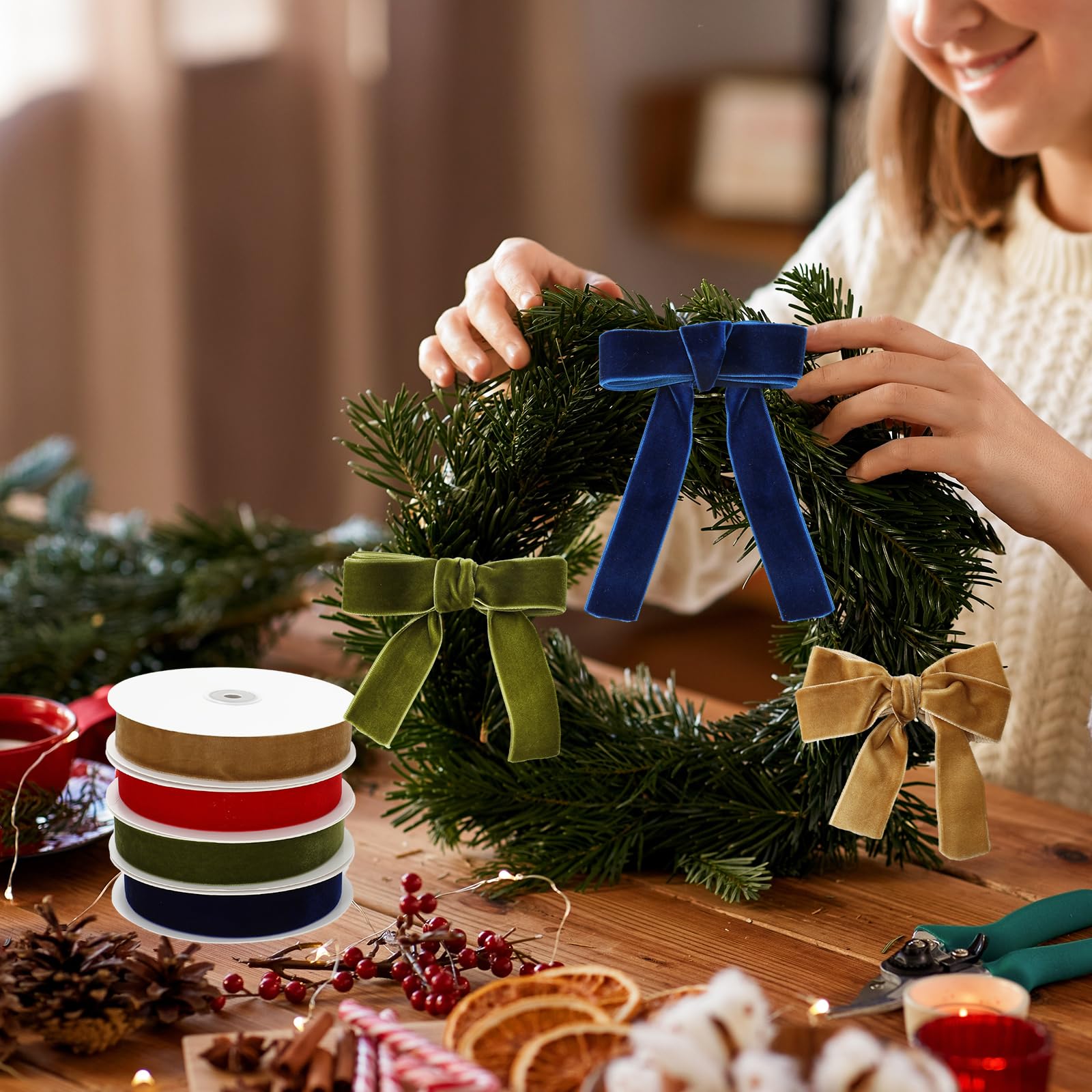 JarThenaAMCS 4 Rollen 40 Meter Weihnachts-Samtband 2,5 cm blau grün rot gelb einseitiges Satinband für Weihnachten DIY Handwerk Kranz Schleife Herstellung