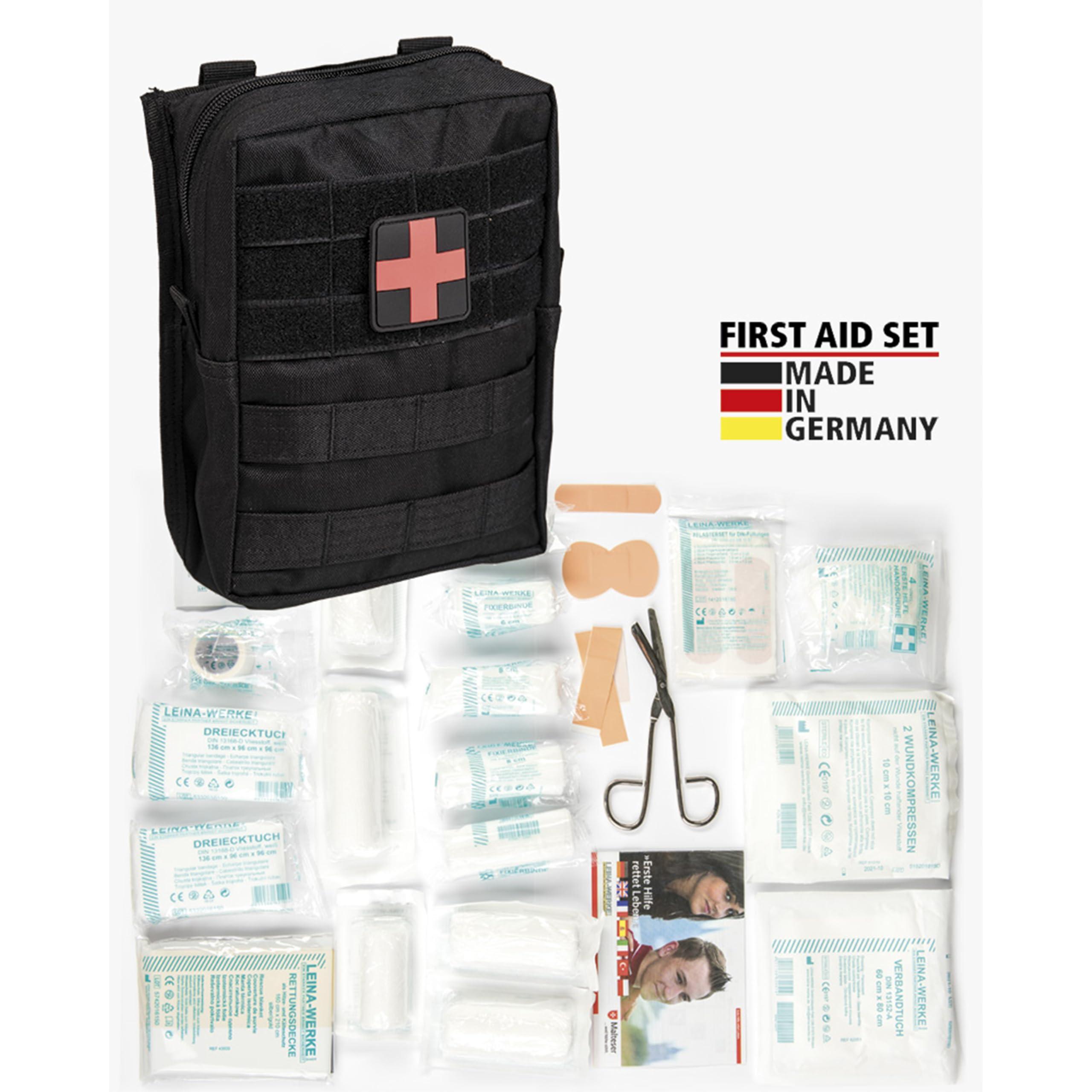 Miltec New Leina, Kit Primo Soccorso Tattico Grande con attacchi Molle, 43 Pezzi, First Aid (Nero)