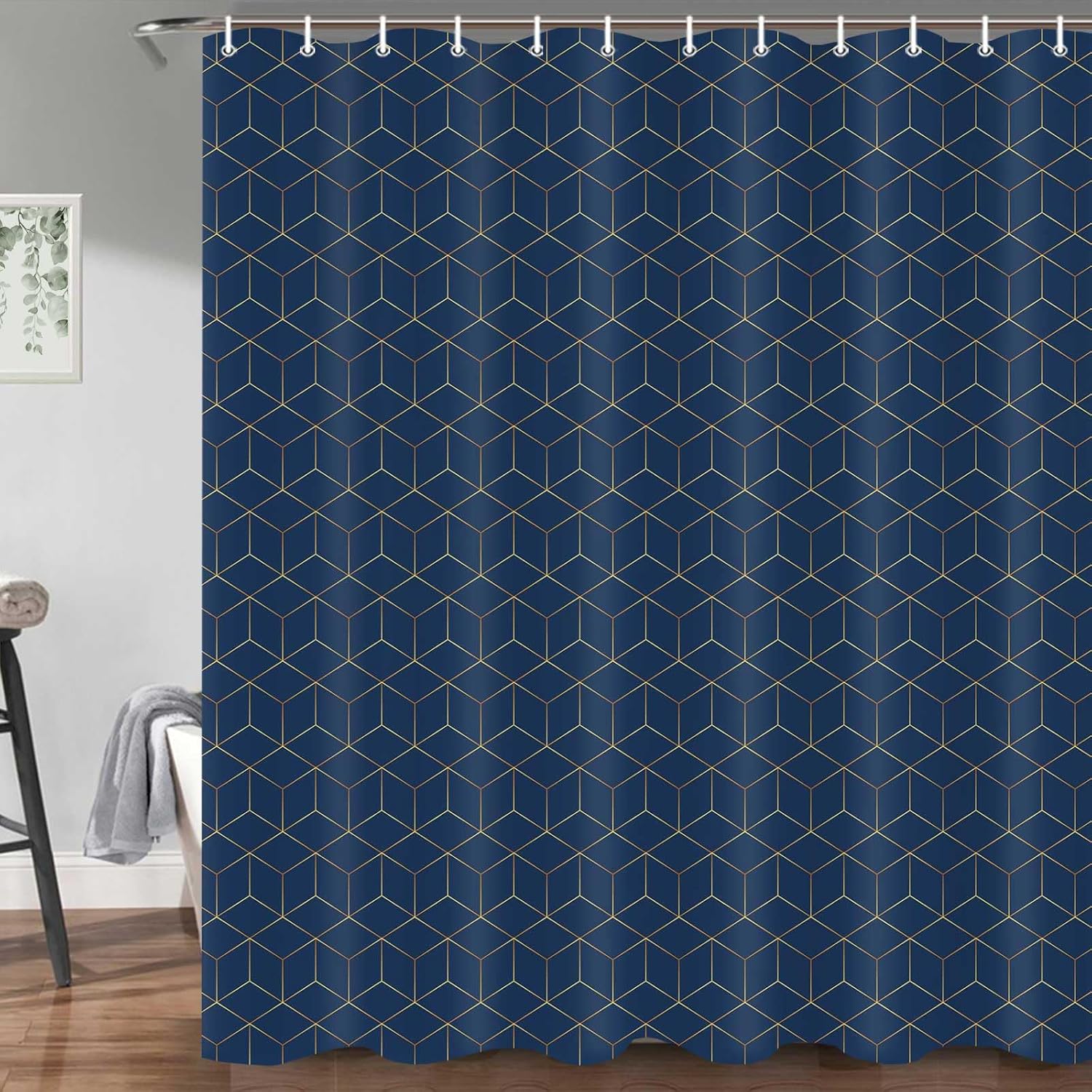 JAWO Hotel Quality Navy Blue Shower Curtain, Blue and Gold Geometric Pattern Fabric Shower Curtains Set, Modern Boho Chic Bathroom Accessories 69X84 Inches
