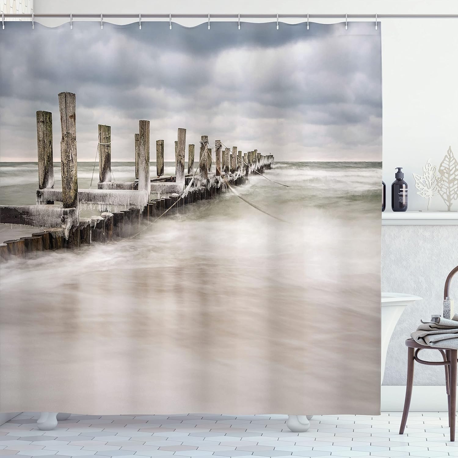 Ambesonne Coastal Shower Curtain, Groyne in Zingst Germany Idyllic Scenery Frosty Country Winter Seashore, Cloth Fabric Bathroom Decor Set with Hooks, 69" W x 70" L, Pale Blue White Tan