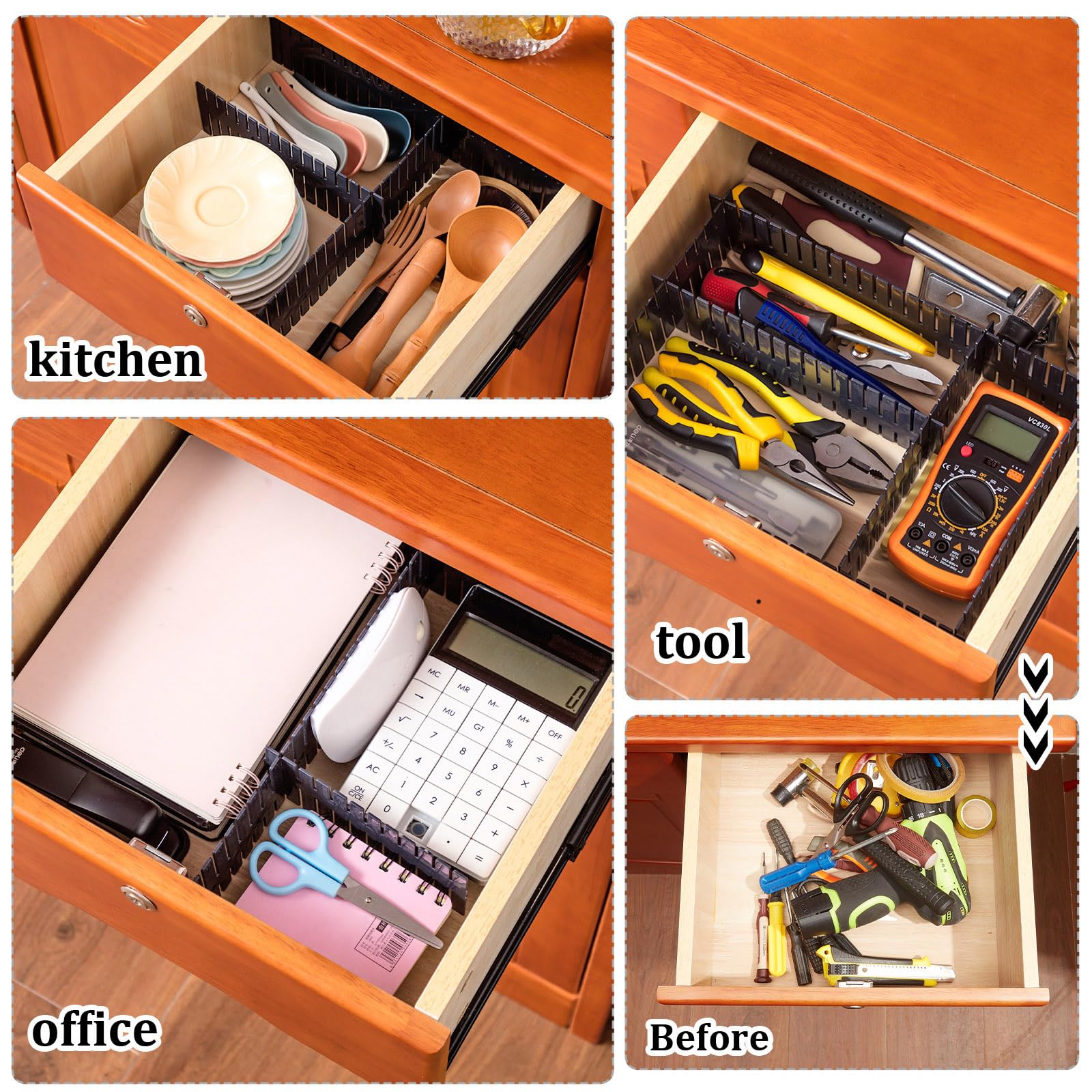 Vesici 80 Stück Schubladenteiler, verstellbarer Kunststoff-Organizer, DIY-Trennwände für Socken, Unterwäsche, Make-up, ordentliche Küche, Schlafzimmer, Kommode (schwarz)