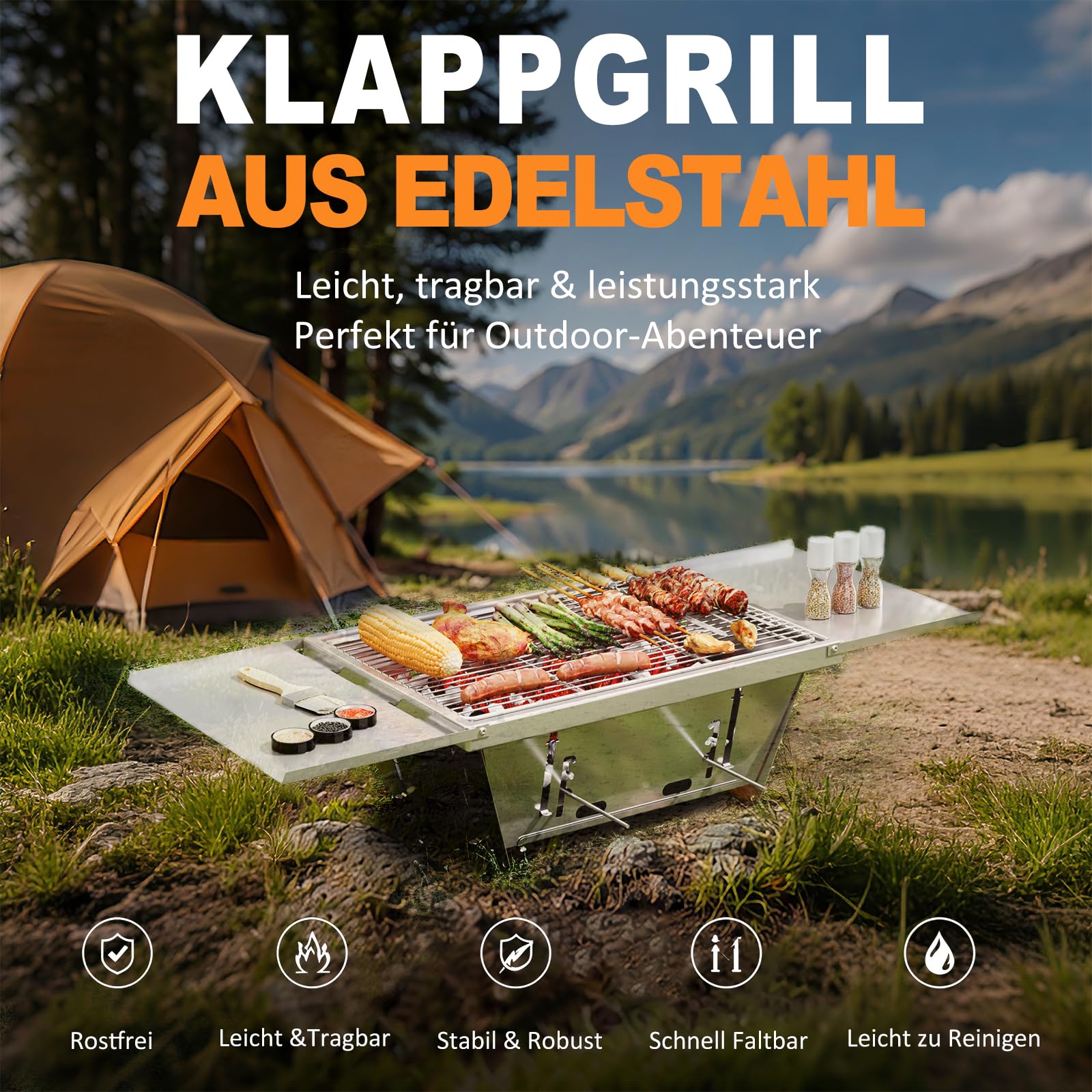 Dripex Klappgrill Holzkohlegrill - Schnell Aufklappbarer Tragbarer Campinggrill aus Edelstahl mit Tragetasche & Zubehör, Hitzebeständig & Formstabil für Camping, Picknick, Wandern, Garten (65x25x14cm)