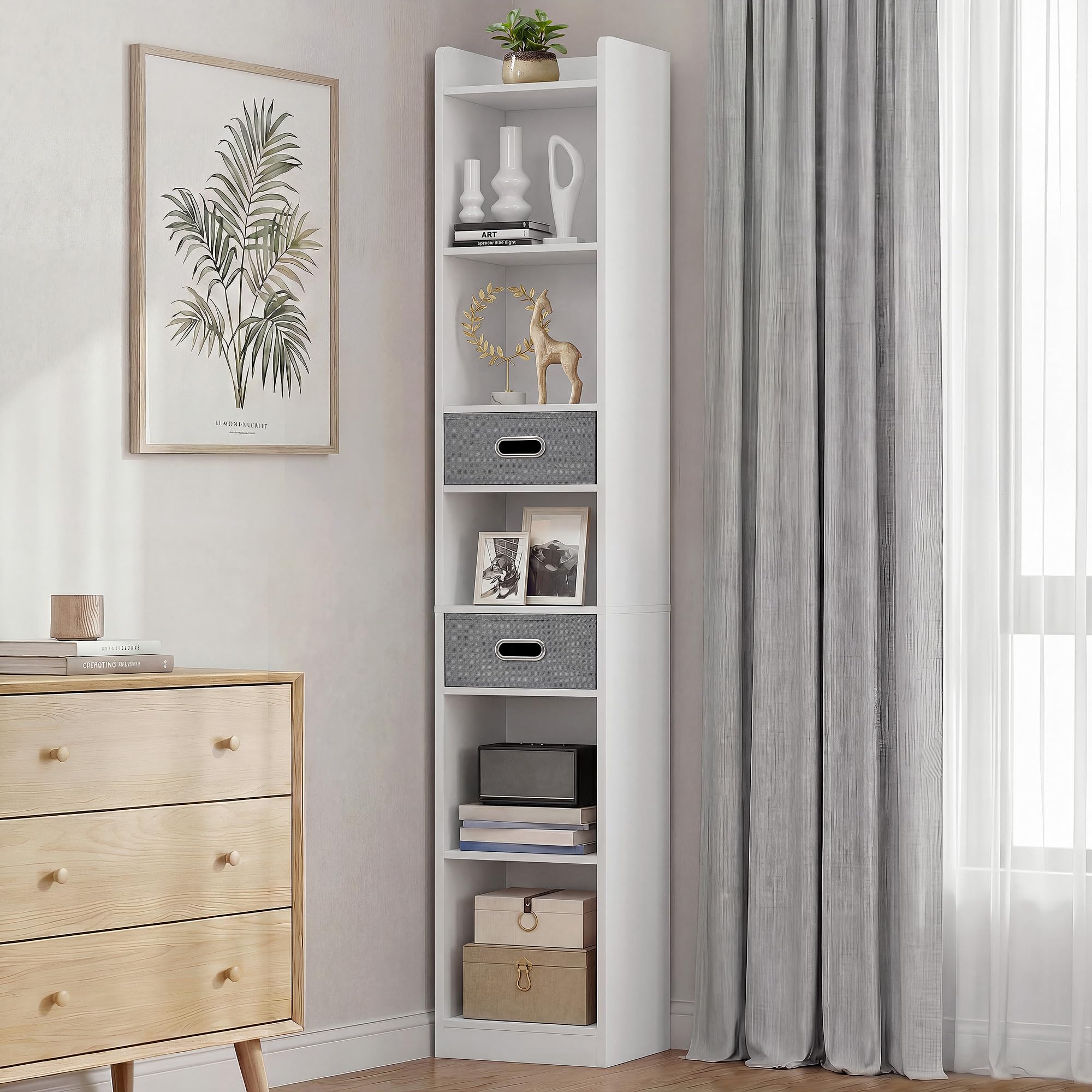YITAHOME Hohes schmales Bücherregal Eckregal 5 Ebenen 2 Stoffschubladen freistehend Weiß 30x24x180 cm