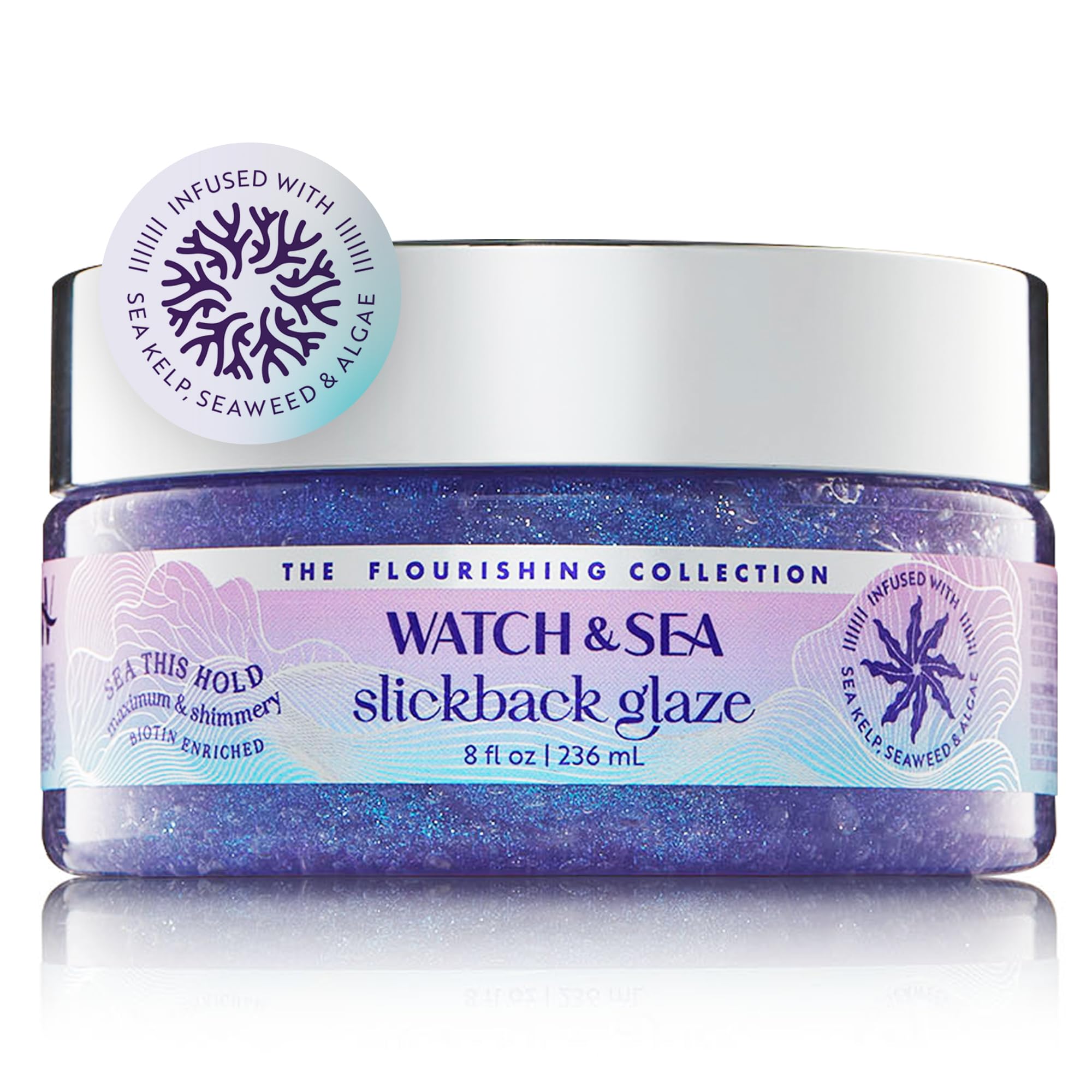 Watch & Sea Maximum & Shimmery Hair Gel, Slickback Glaze - Nourishing with Seaweed and Sea Kelp - Strong, Flexible Hold for All Hair Types - 8 oz