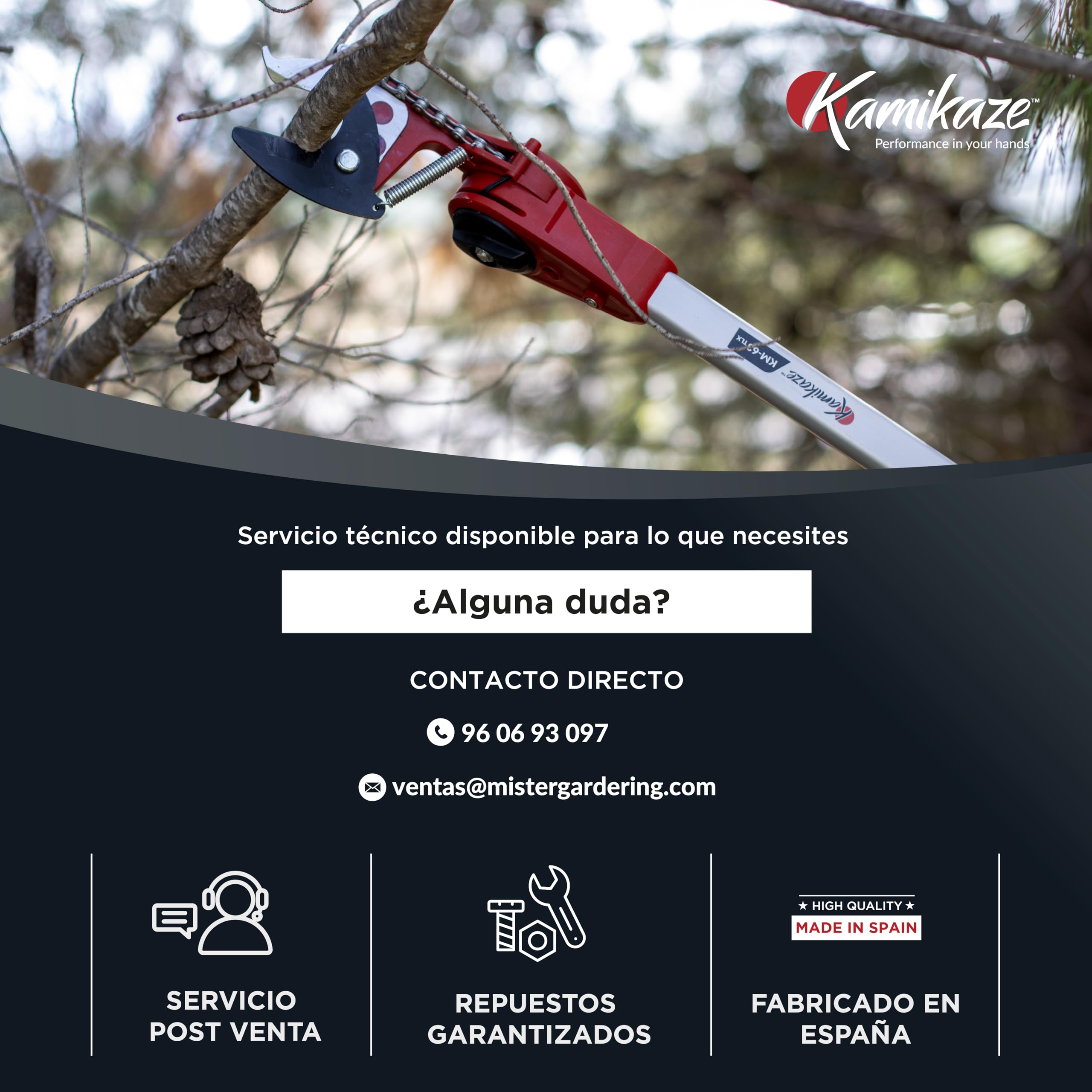 Tijera en Altura Telescópica Pértiga Longitud Ajustable 2.4m a 4m.KAMIKAZE Mecanismo Poleas Reductor de Fuerza. Corte Cabezal Giratorio Cuchillas de acero SK5 hasta 32mm. Corta Ramas Telescopico