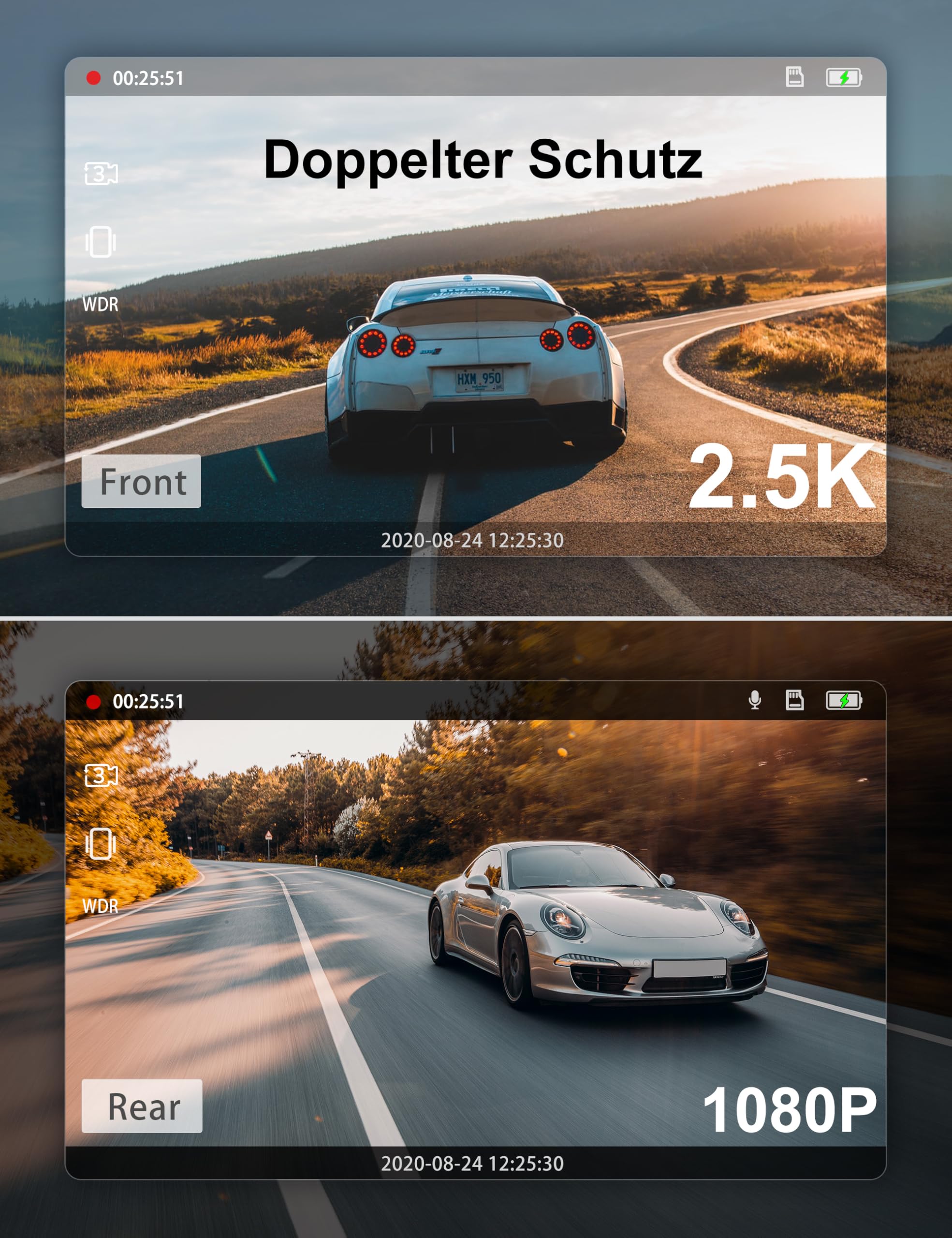 iZEEKER 2.5K Dashcam Auto Vorne und Hinten mit SD-Karte, 1440P Autokamera Armaturenbrett, Dual-Dashcam für Autos 170° Weitwinkel, G-Sensor, Nachtsicht, 24-Stunden-Parküberwachungsunterstützung, WDR