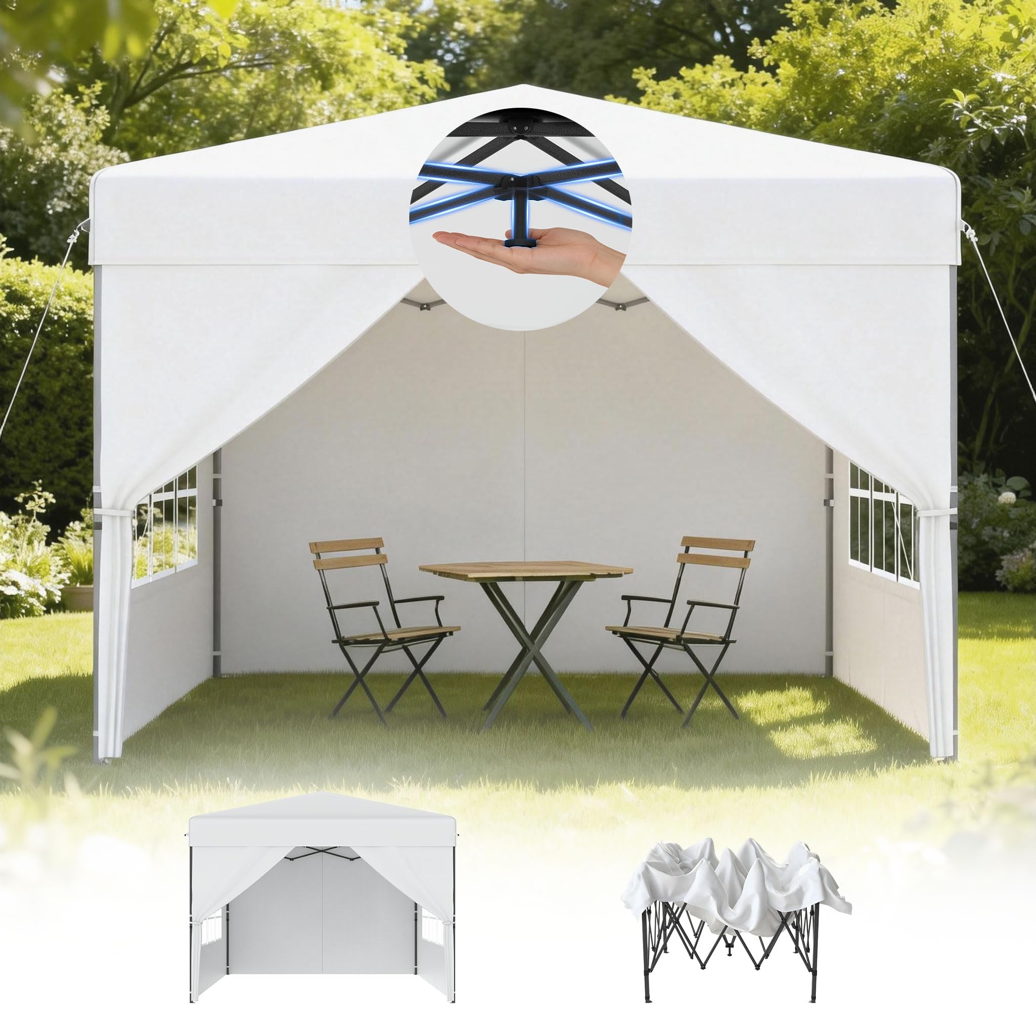 UISEBRT Gazebo pop-up 3 x 3, impermeabile, stabile, resistente all'inverno, anti UV, pieghevole, con 4 parti laterali, chiusura centralizzata a un tasto, 3 altezze regolabili, 240 – 260 cm, tenda da