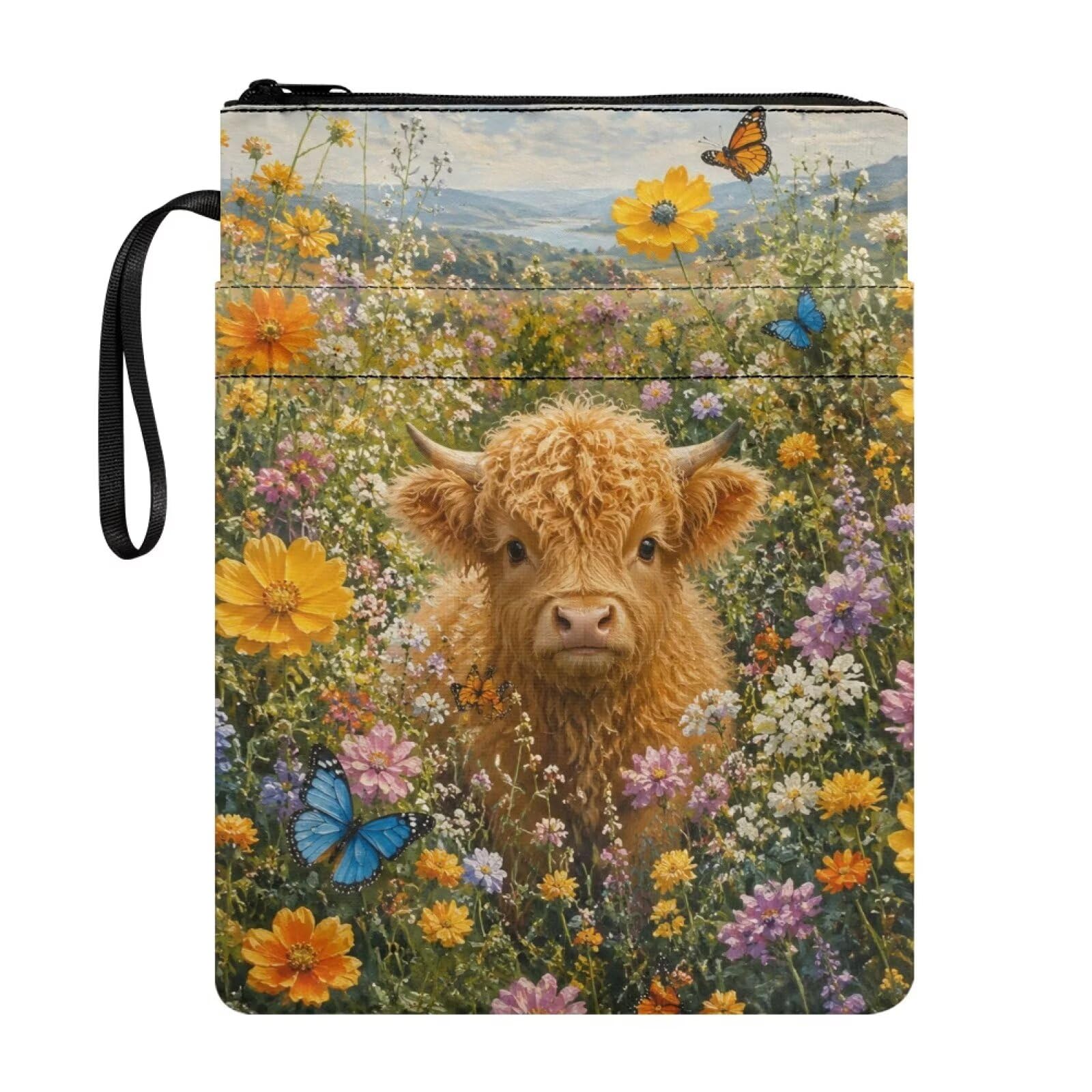 Poceacles Zippered Book Sleeve with Extra Pockets, Washable Fabric Book Cover Pouch Protector for Paperbacks, Hardcovers, Highland Cow Daisy Butterfly Print
