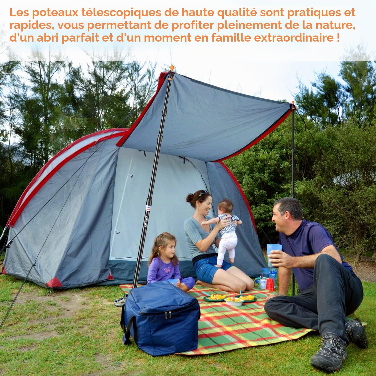 CAMULAND Barres de bâche, Poteaux de Tente Robustes Poteaux de Tente en Aluminium avec Fond Conique antidérapant, Poteaux de Tente télescopiques ajustablespour Camping, randonnée, hamac