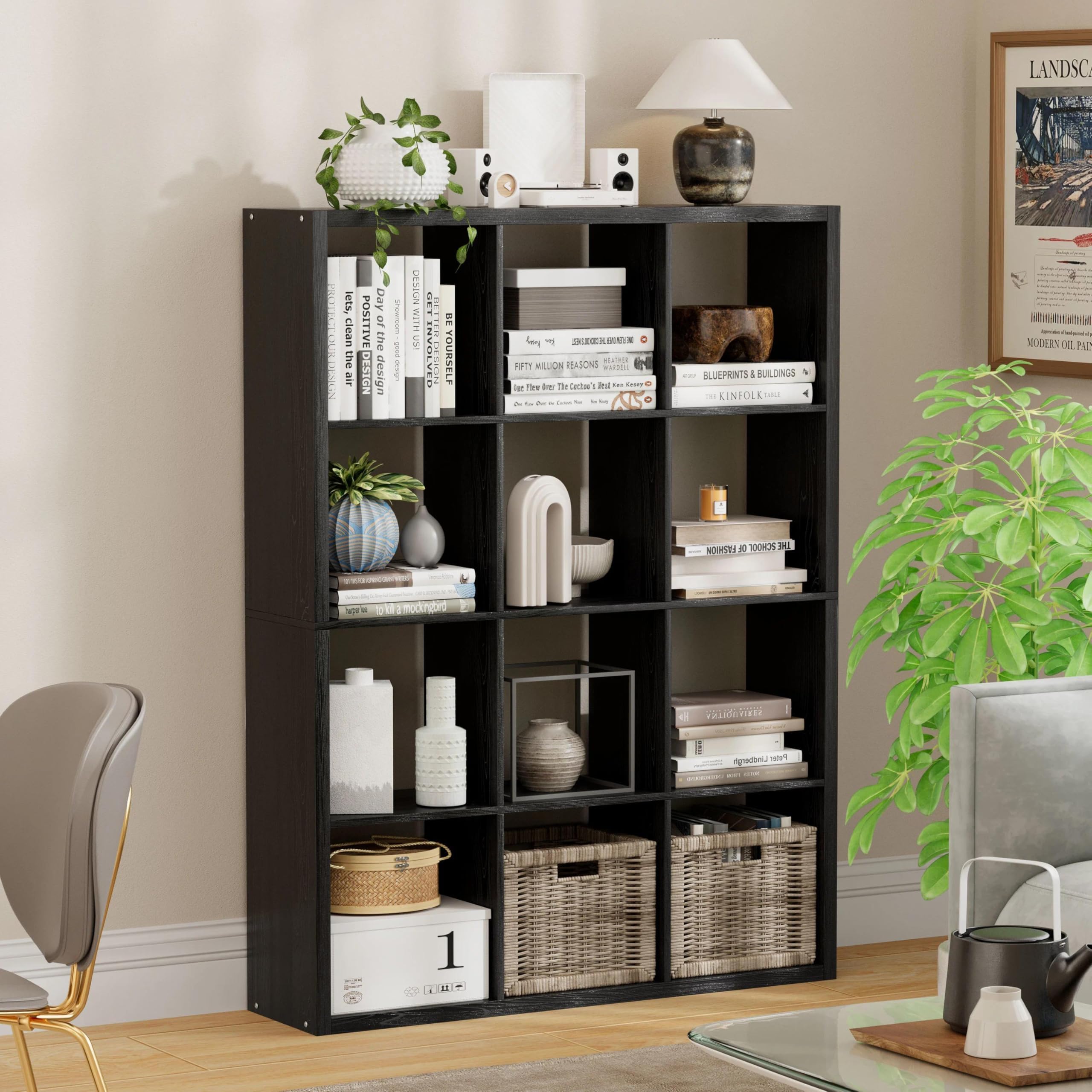 12-Cube Storage Organizer, Wooden Cube Shelf with Reinforced Thick Shelves, Jpiziso, Black