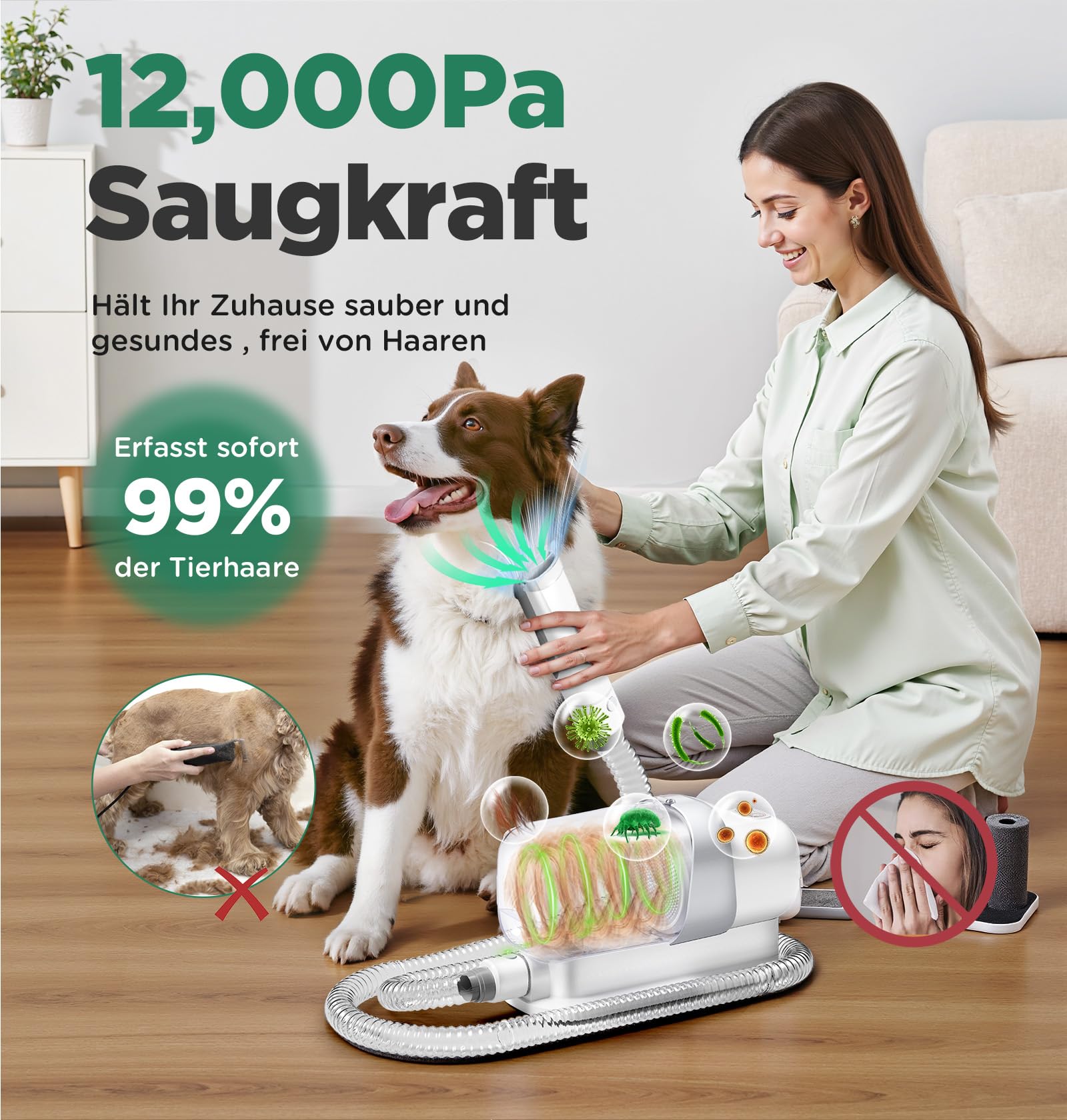 Gimars Hundeschermaschine mit Staubsauger, 2,3L Hundestaubsauger mit 12000 Pa Saugkraft, leises Schermaschine Katze Hund haarschneidemaschine mit 7 Pflegewerkzeugen, Tierhaarentferner mit hundebürste