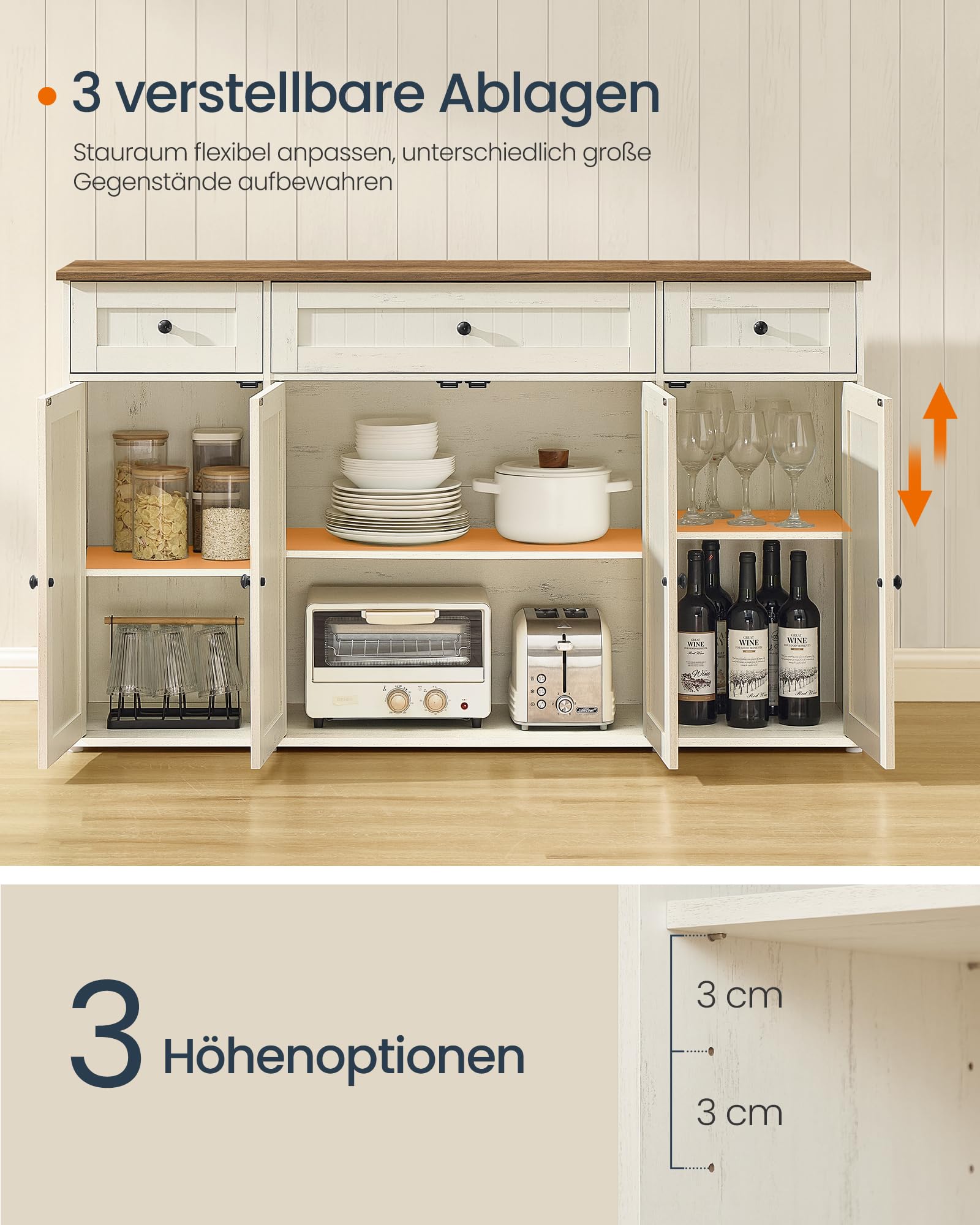 SONGMICS Home Sideboard, superschnelle werkzeuglose Montage, Toolless-Technologie, Küchenschrank mit Arbeitsplatte, Buffetschrank, verstellbare Ablagen, vintageweiß-honigbraun BBK376WJ02