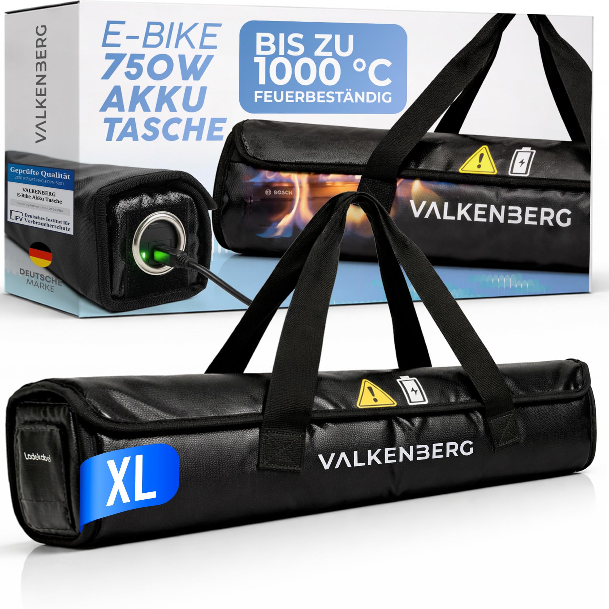 E-Bike Akku Tasche – Feuerfeste Akkubox für E-Bike Akkus mit Kabeldurchführung – Akku Schutzhülle feuerfest inkl. Trageschlaufe – Akku Transportbox & Aufbewahrungstasche, Größe XL