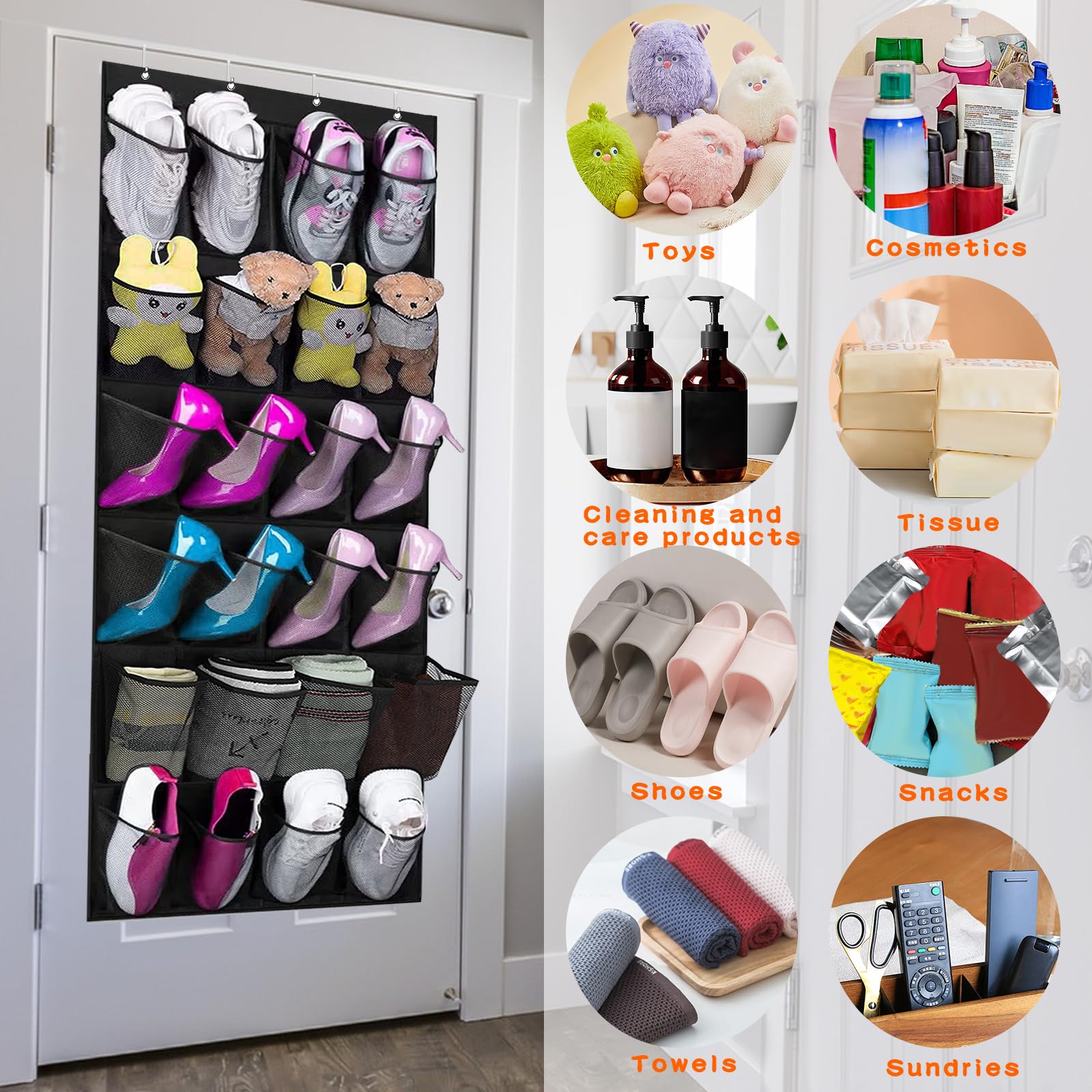 Relaxdays schoenenzak deur, 24 vakken, hangend schoenenrek, HxBxD: 162x56x5 cm, vakken van mesh & stof, organizer, grijs