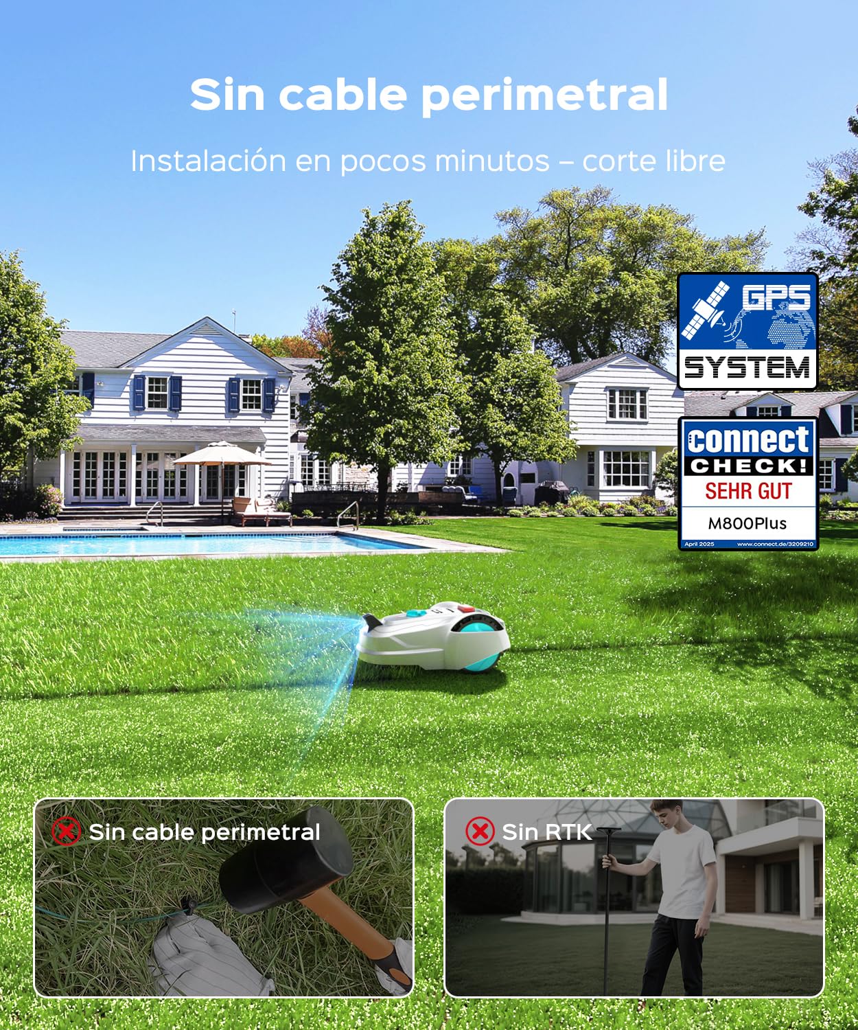 YARDCARE M800Plus Robot Cortacésped sin Cable Perimetral, Posicionamiento GPS + 3D Visión, Robot Cortacésped sin Cables, Modo de Corte en U,800 m², App, Detección de 150 Obstáculos, Blanco Turquesa