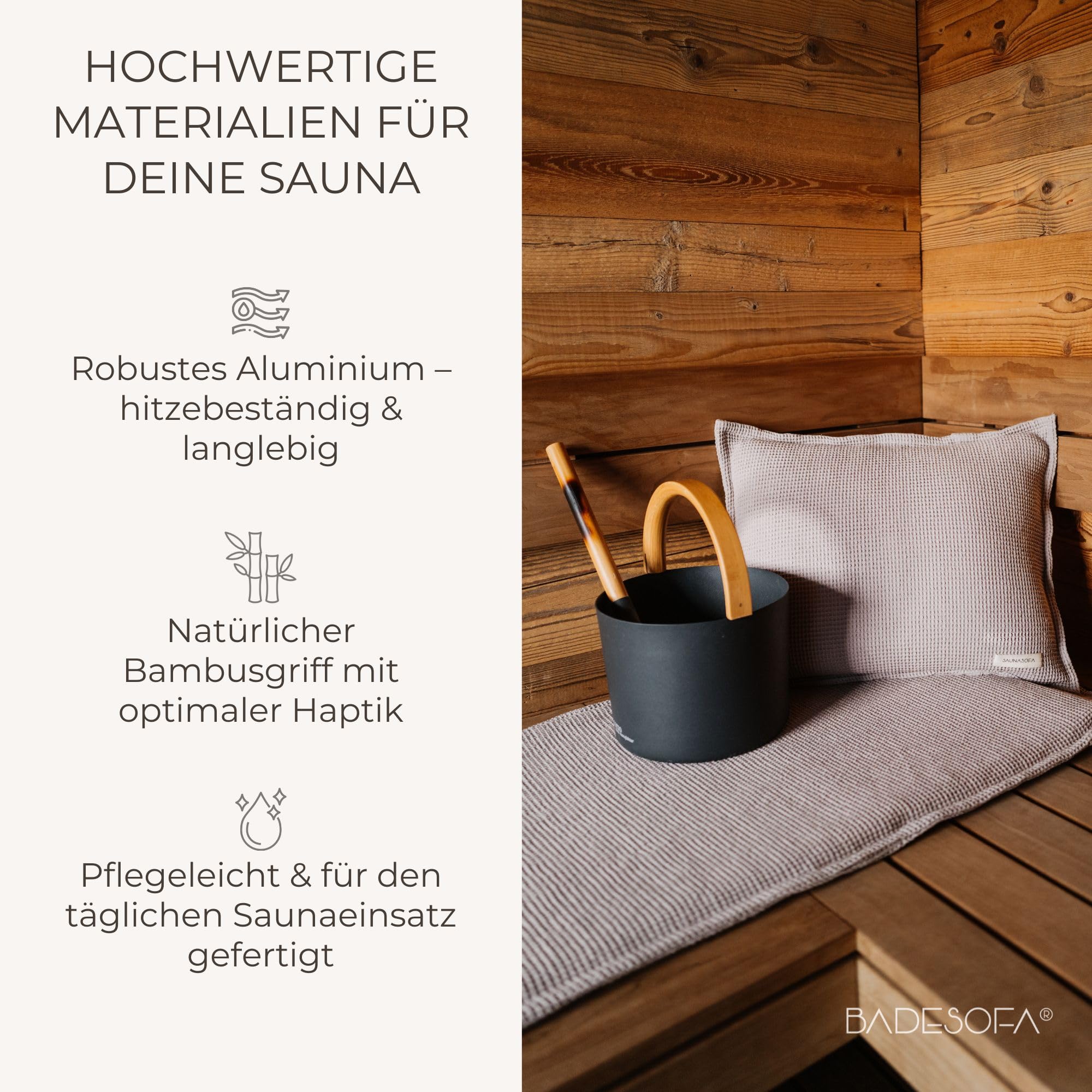 BADESOFA Sauna-Eimer mit Kelle Set – Saunakübel 5 L Aluminium Schwarz mit Bambusgriff – Skandinavisches Design, Sauna Zubehör & Aufguss Set für Sauna & Outdoor-Sauna