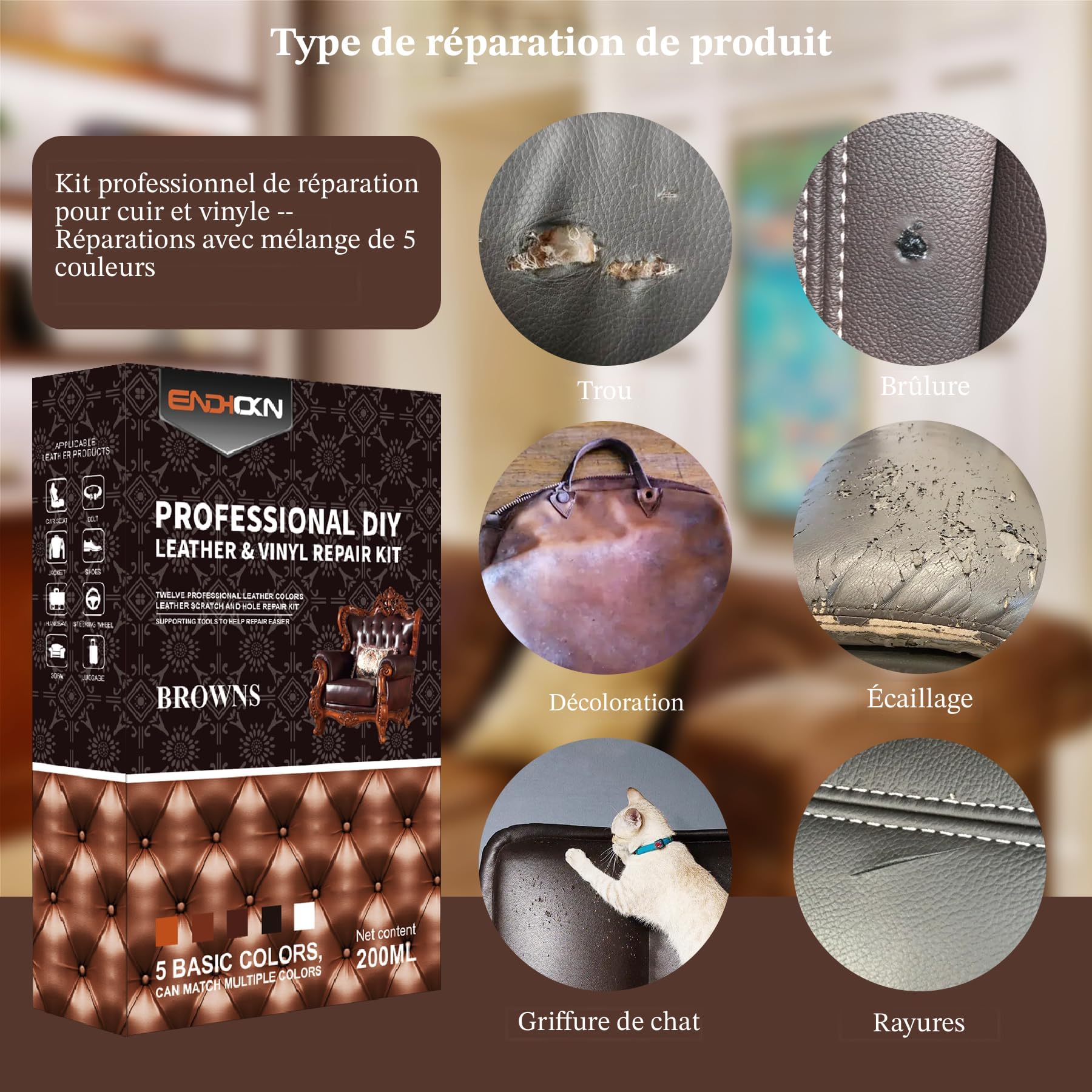 Kit De Réparation Cuir Et Simili - 5 Couleurs (noir, Blanc, Marron...) - Pour Sièges Auto, Canapés, Sacs