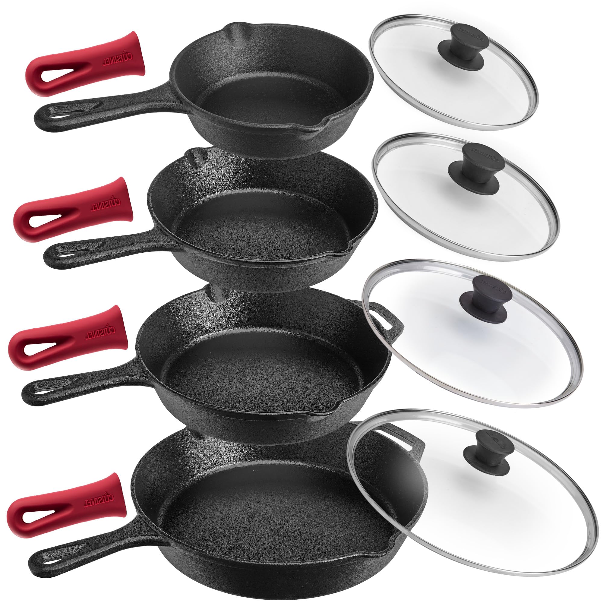 Cuisinel Cast Iron Skillets Set - 6"+8"+10+12"-Inch + Glass Lids + Silicone Handle Holder Cover Grips - Pre-Seasoned Frying Pan - Oven Safe Cookware - Indoor/Outdoor Use - Grill, Stovetop, Fire Safe