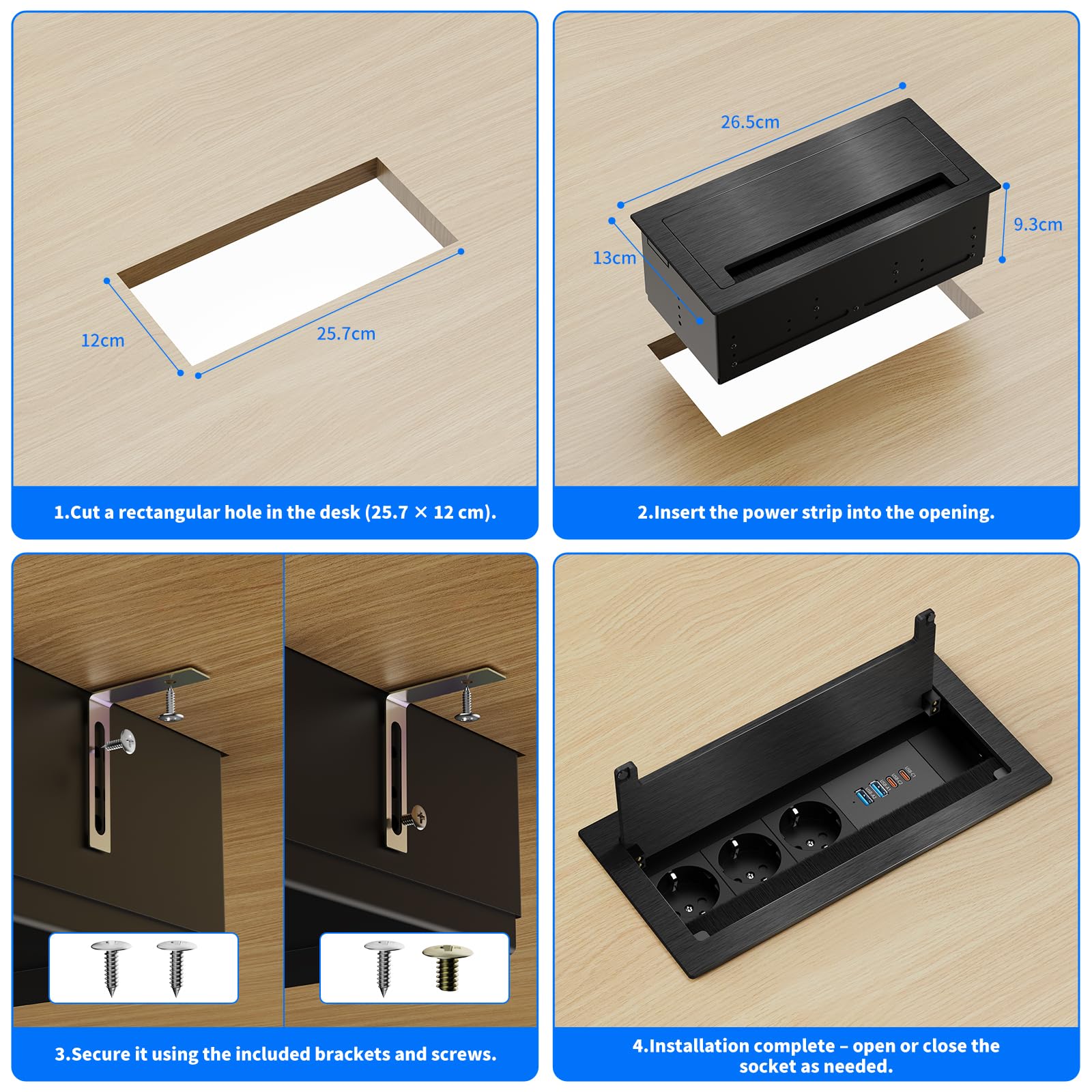 Versenkbare Steckdose mit 2X USB-C PD 30W, 3-Fach, Aluminium | 2x USB-A QC 18W, Klappdeckel für saubere Optik, Bürstenleiste für Kabelmanagement, 1,8 m Kabel, Schreibtisch & Küche