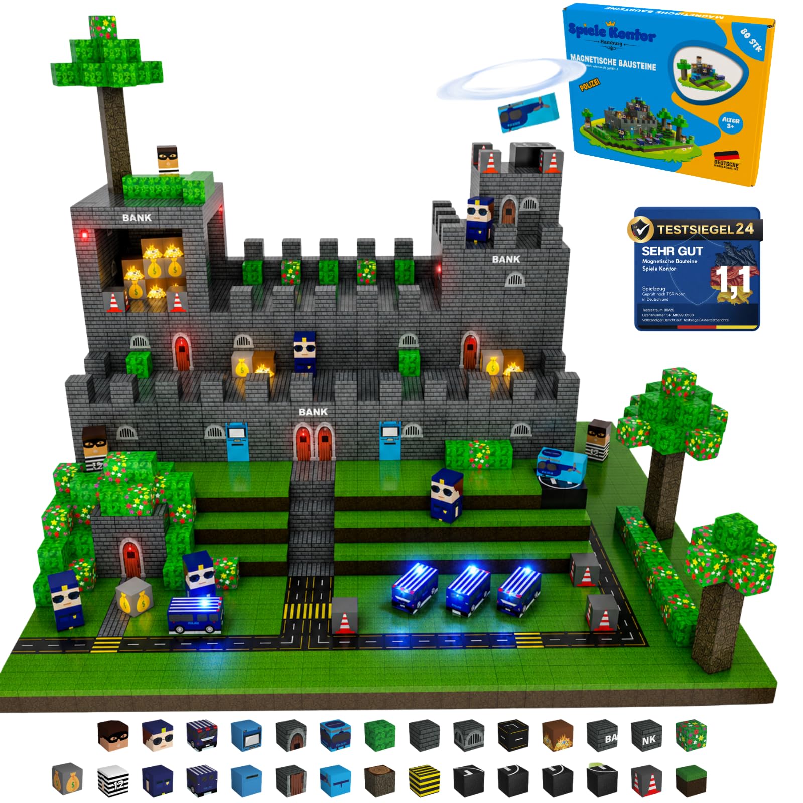 Magnetbausteine Polizei 80 Teile, Magnetic Building Blocks Kinder ab 3