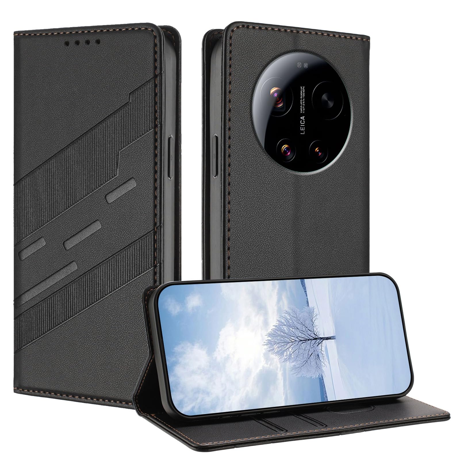 Leather Folio Case for Xiaomi 17 Ultra, Premium PU/TPU Leather Wallet Case with Stand and Card Slot, Black