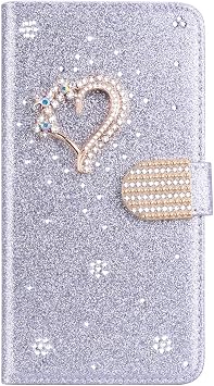 Glitter Leather Case for Xiaomi Redmi Note 15 3D Diamond Buckle & Love Bling Glitter Pattern Leather Flip Book Wallet Shell with Card Slots Book Style Cases Cover for Xiaomi Redmi Note 15 - Silver