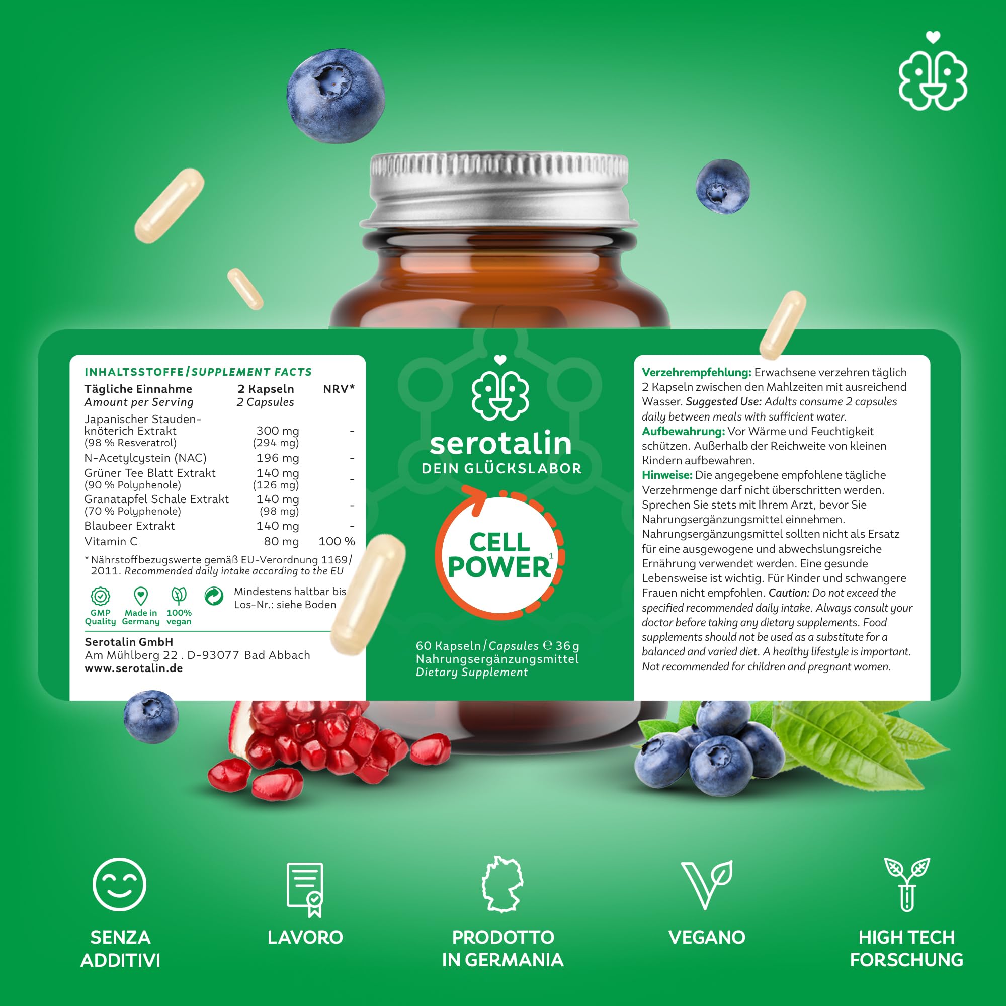 serotalin Active Body Cardio Vital+| Resveratrolo ad alto dosaggio con NAC, vitamina C e polifenoli | 100% vegano & Made in Germany | 1 mese | 60 capsule
