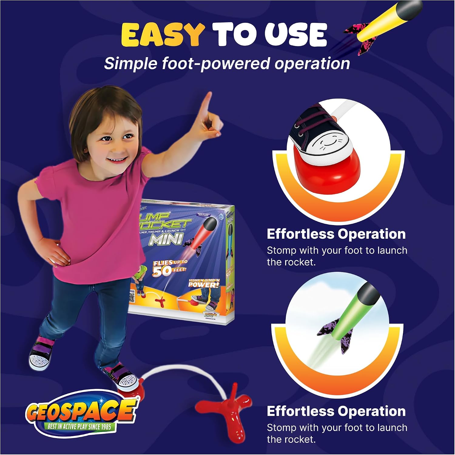 Geospace Jump Rocket Mini Size Set (Single Pump) – 3 Flying Foam Rockets Outdoor Toys for Kids, Boys & Girls – Stomper Rocket Set – Leg Powered Stomper Rockets Toy - Cool Toys for Fun