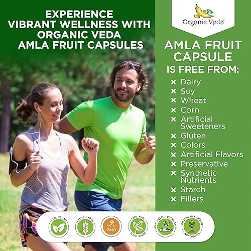 Miniatura 8 de Organic Veda Amla Cápsulas  1000 mg, 300 cápsulas orgánicas de fruta entera Amla en polvo  Vitamina C natural para inmunidad, brillo de la piel,
