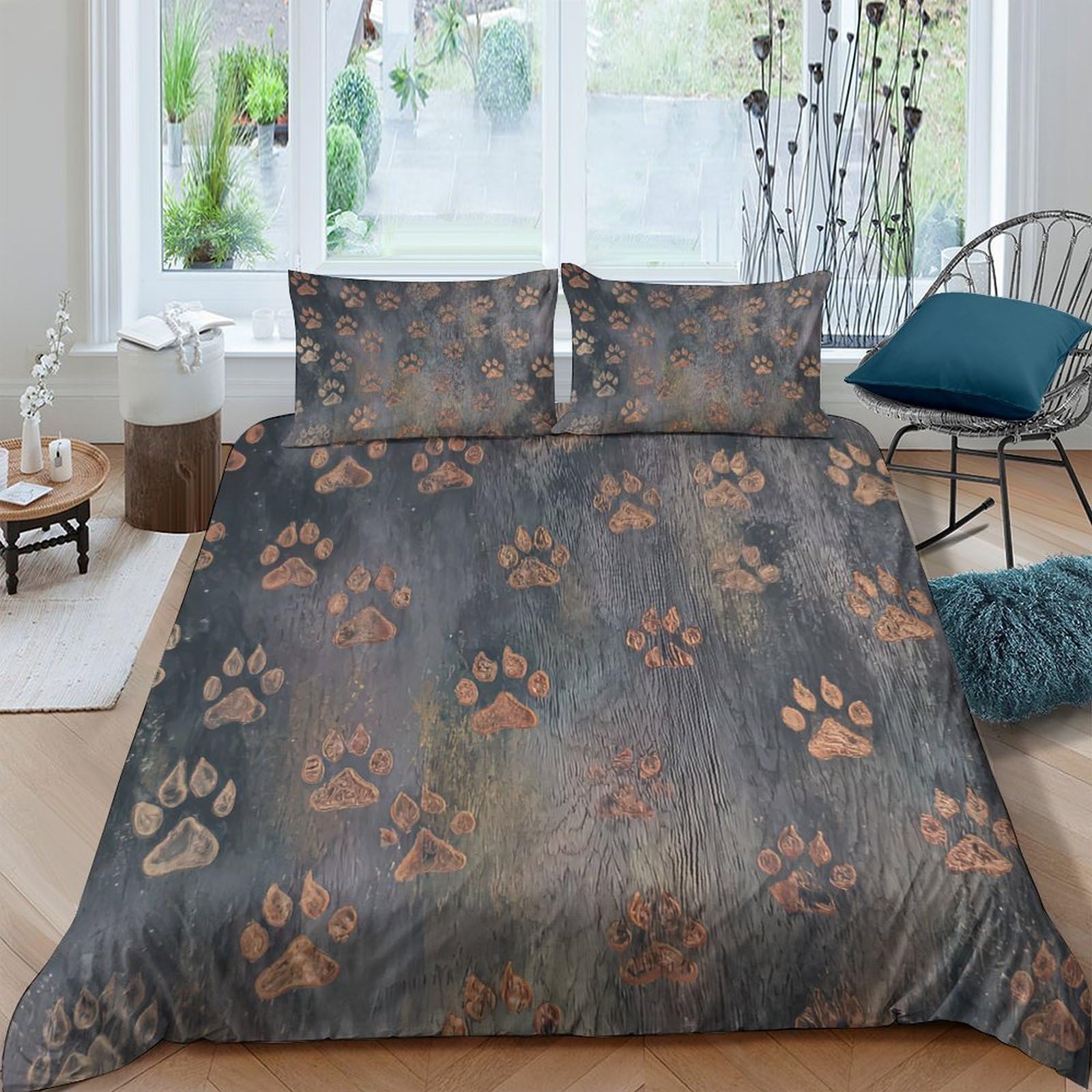 Ctjqhvkz Style-9 3D Printed Paw Print Fitted Sheet Microfiber Soft Grey Animal Tracks Mattress Cover For Bedroom Guest Room Decor Single（135X200cm）