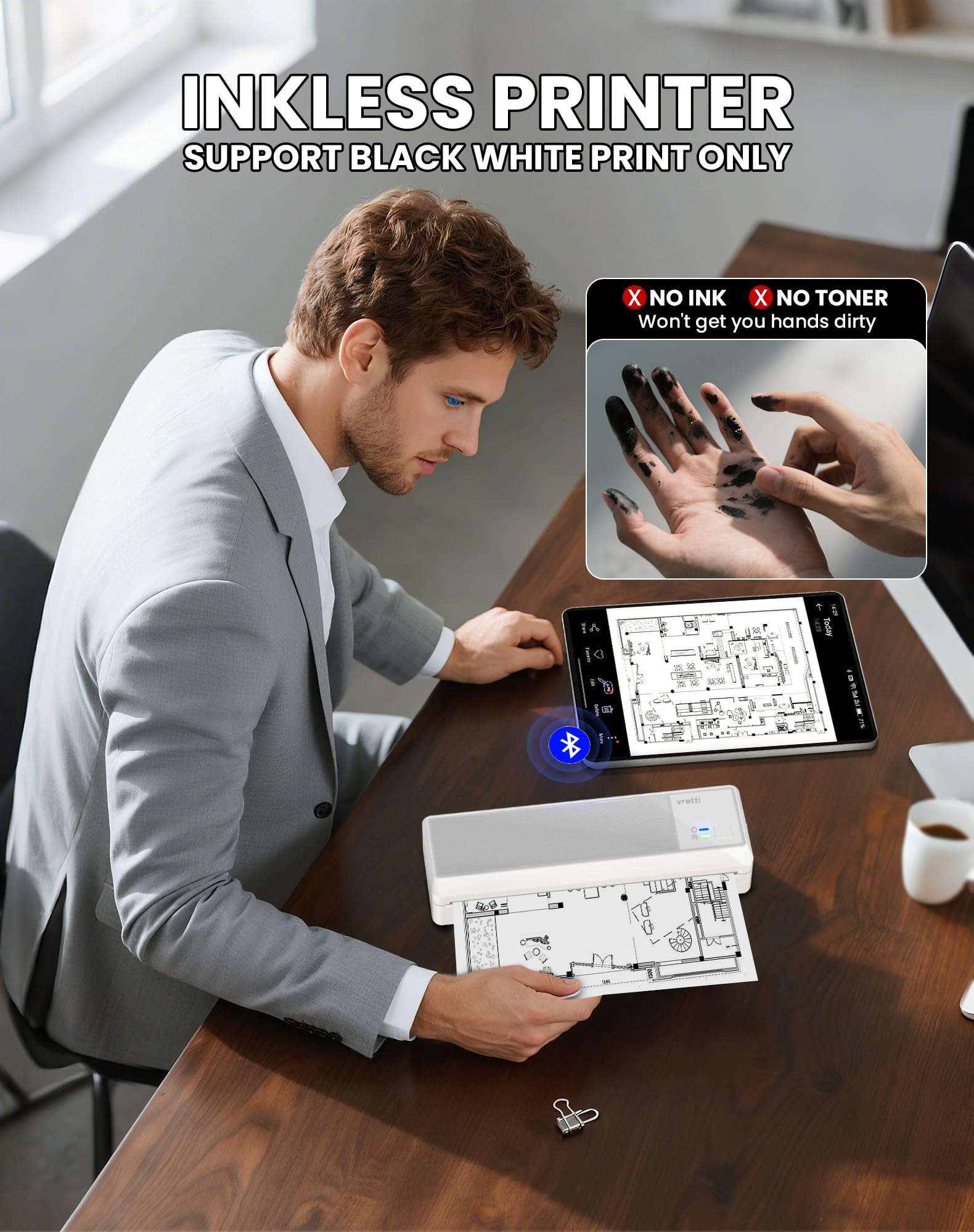vretti P83 Impresora móvil A4 para Viajes, Impresora térmica A4 Compatible con Android e iOS, Compatible con Papel térmico A4 de 210 x 297 mm para el hogar, Oficina, Foto