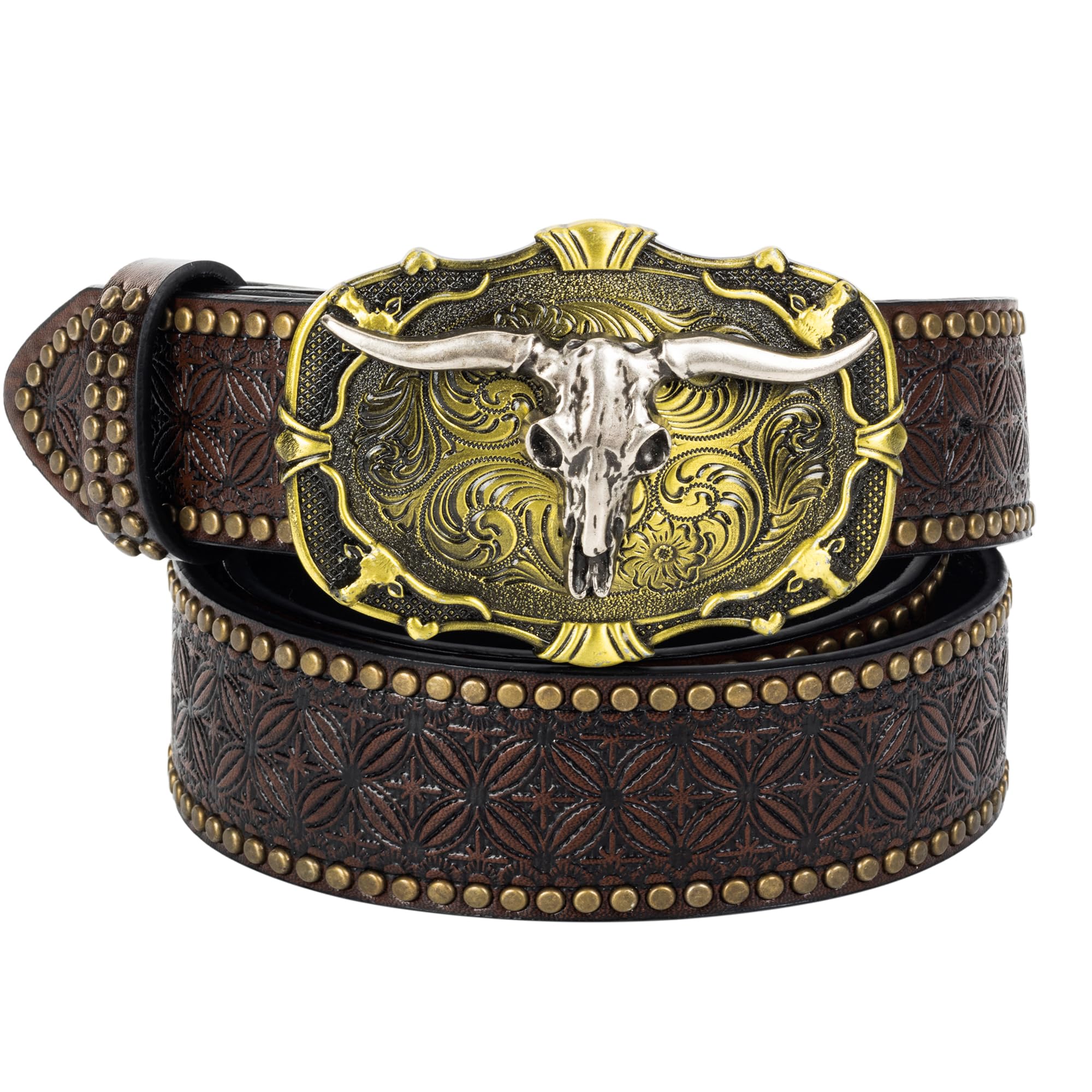 UTOWO Men Women Western-PU Leather-Buckle Rodeo Belt Skull-Bull Brown Cowboy Belt for 32-40
