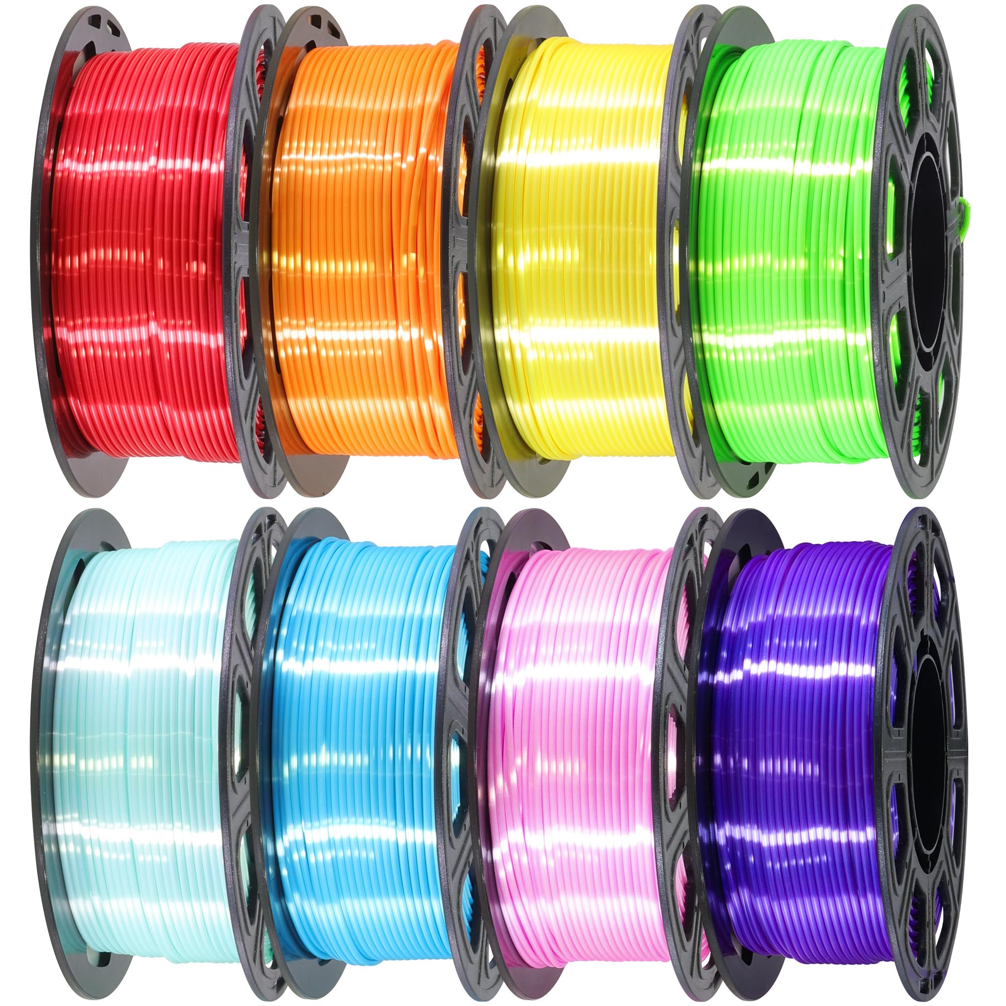 Photo 1 of 1.75mm Silk Shiny PLA 3D Printer Filament 8 Bright Colors Bundle: Silk Yellow/Lime Green/Orange/Sky Blue/Pink/Cyan/Red/Purple, Each Spool 250g, Total 2Kg 3D Printing Material, 250g x 8 Spools