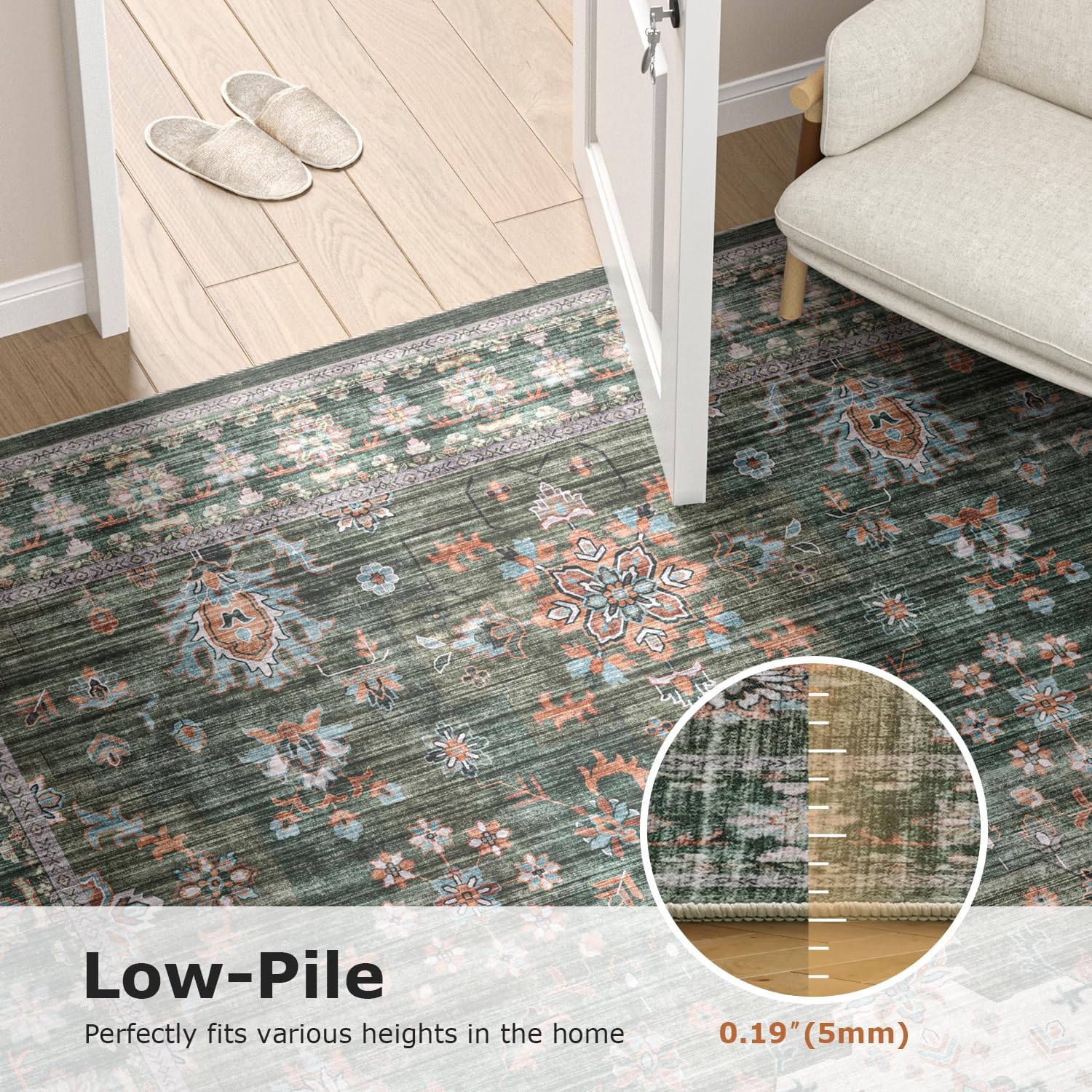 COHOME Vintage Distressed Washable Rug, Pet & Kid Friendly Area Rugs with Non-Slip TPE Backing, Stain Resistant High Traffic Low Pile for Living Room Bedroom, Indoor Low Profile(Green, 5' x 7')