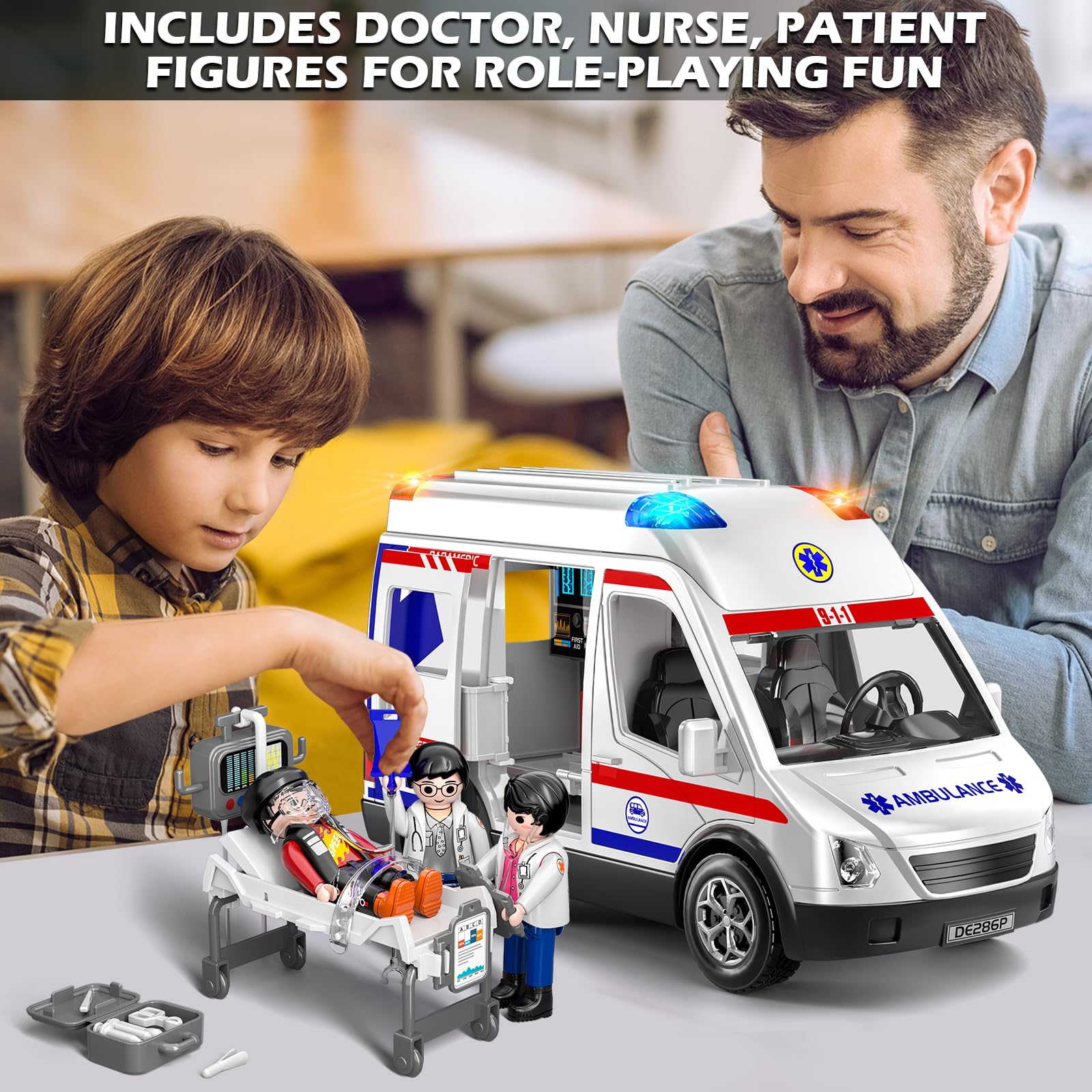 Doloowee Juguete de ambulancia para niños de 3, 4, 5, 6, 7, 8 años, camión de fricción con luz y sonido, vehículos de emergencia para niños y niñas, regalos para niños y niñas de 3 a 12 años