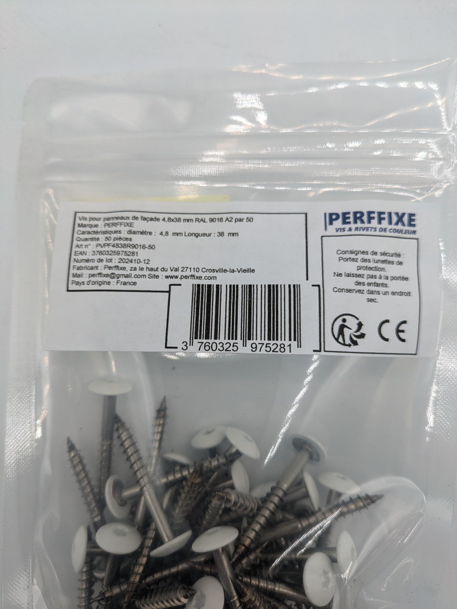 Vis pour panneaux de façade 4,8x38 mm RAL 9016 blanc signalisation Inox A2 par 50