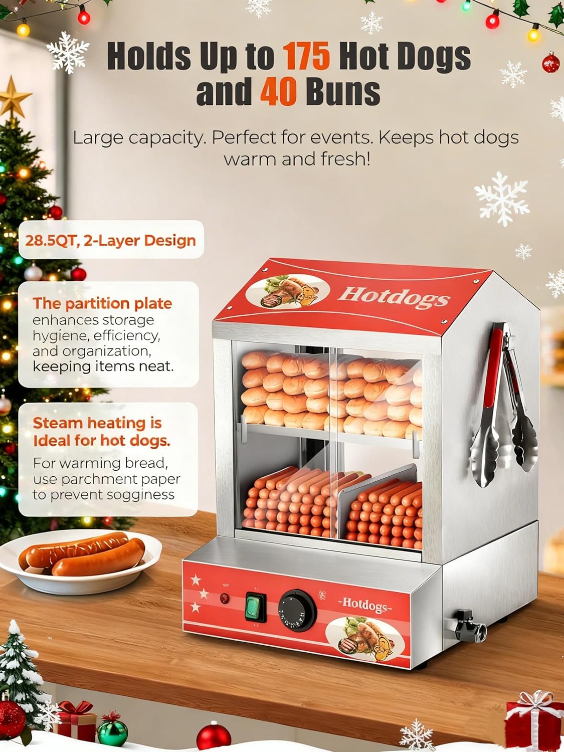 Hot Dog Steamer 28.5QT, FOHERE 2-Tier Hot Dog Machine with Bun Warmer, 175 Hot Dogs & 40 Buns Capacity, Electric Hot Dog Bun Warmer with Visible Glass Sliding Door & Clip, 86℉-185℉ Temperature Control