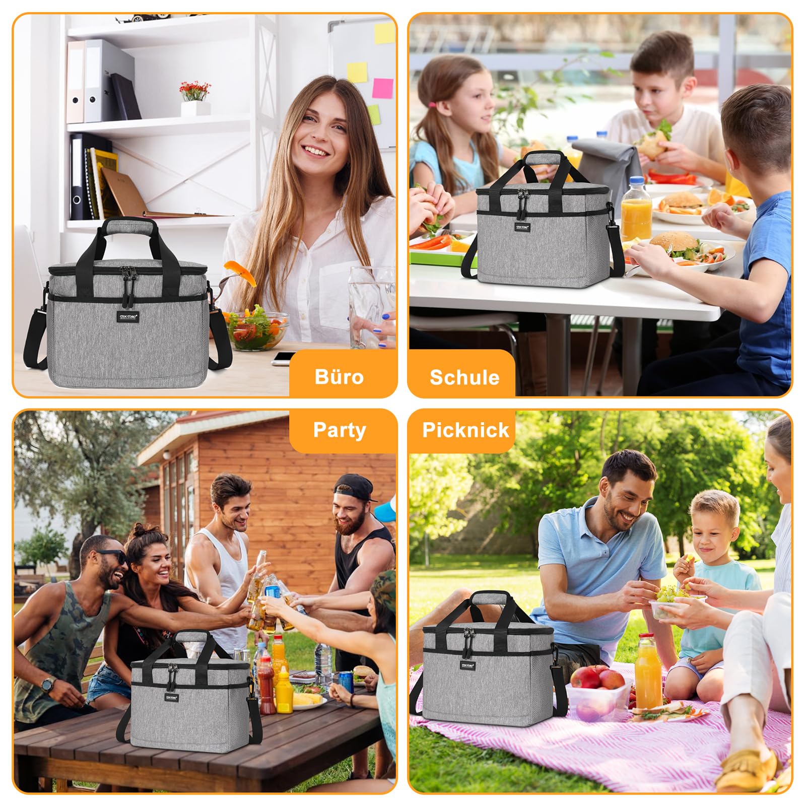 CALIYO Borsa termica da 15 l, pieghevole e portatile, con chiusura lampo, per uomo e donna, borsa termica per il pranzo, per lavoro, scuola, picnic, viaggi, 3 misure: 8,5 l/15 l/24 l (grigio)