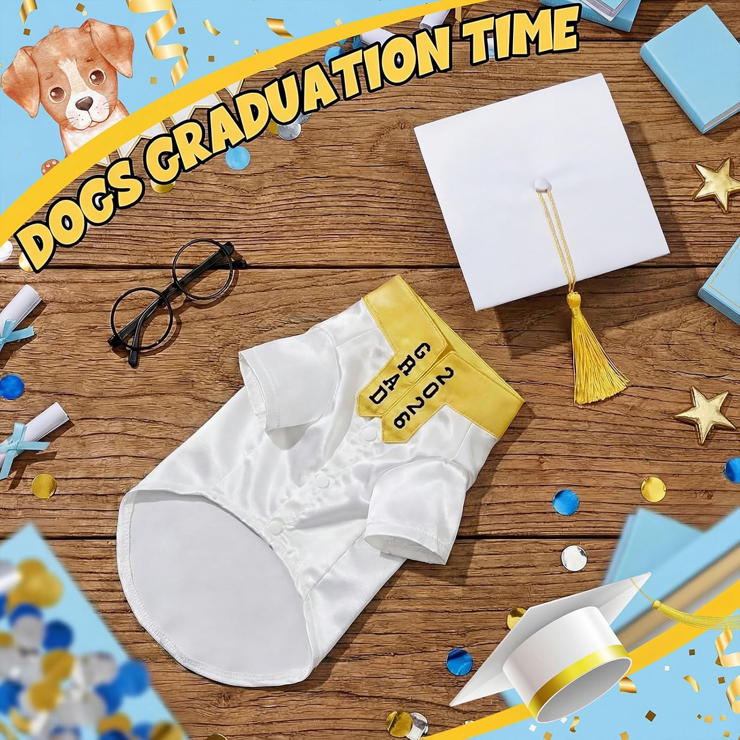 Huhumy 5 Pcs Dog Graduation Costume Set Include 2026 Pet Graduation Gown with Stole Puppy Grad Cap Lensless Glasses DIY Letter Stickers for Dogs Cats Holiday Costume Accessory(White Gold,L) image 4
